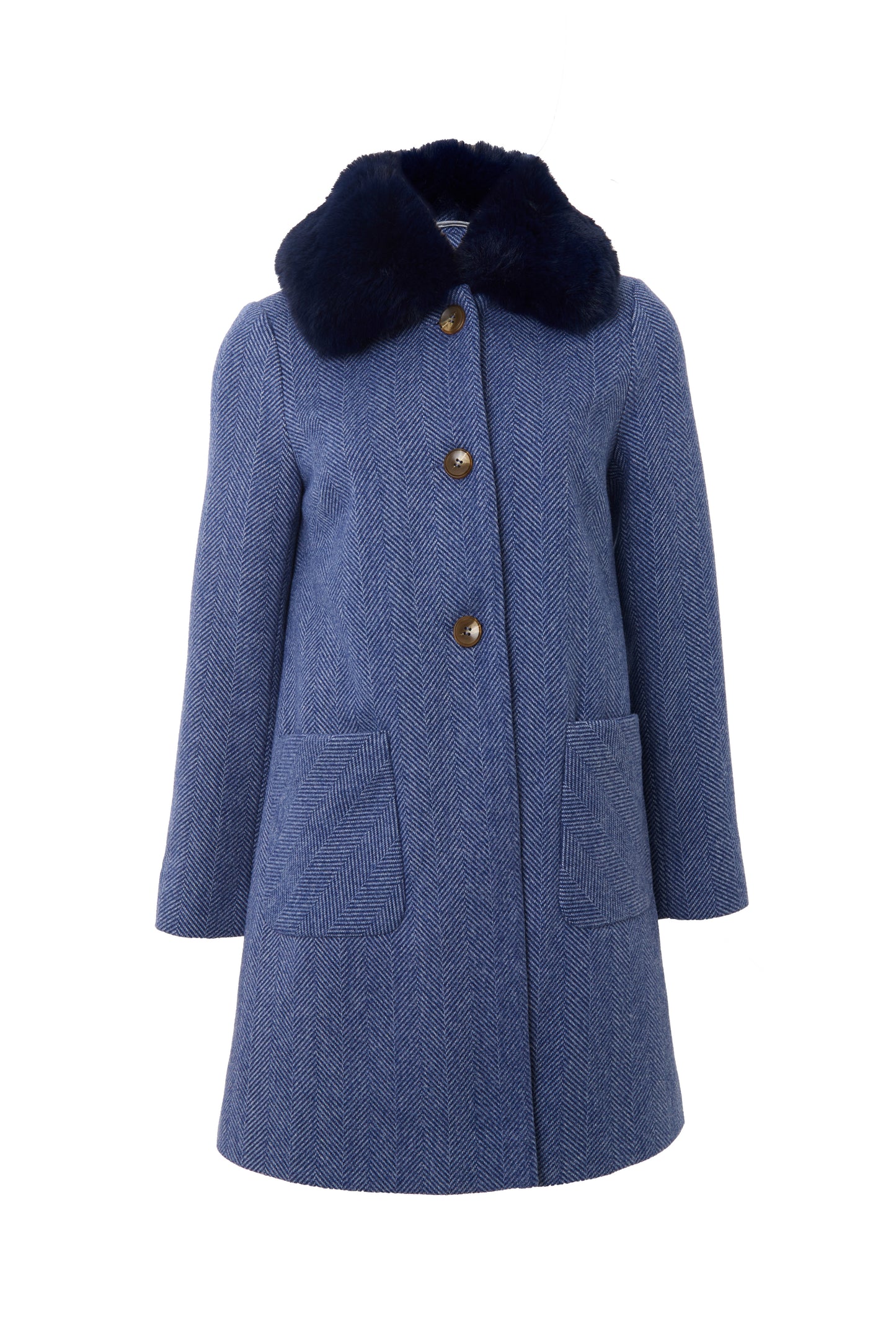 Dryden Herringbone Fur Collared Coat - Blue