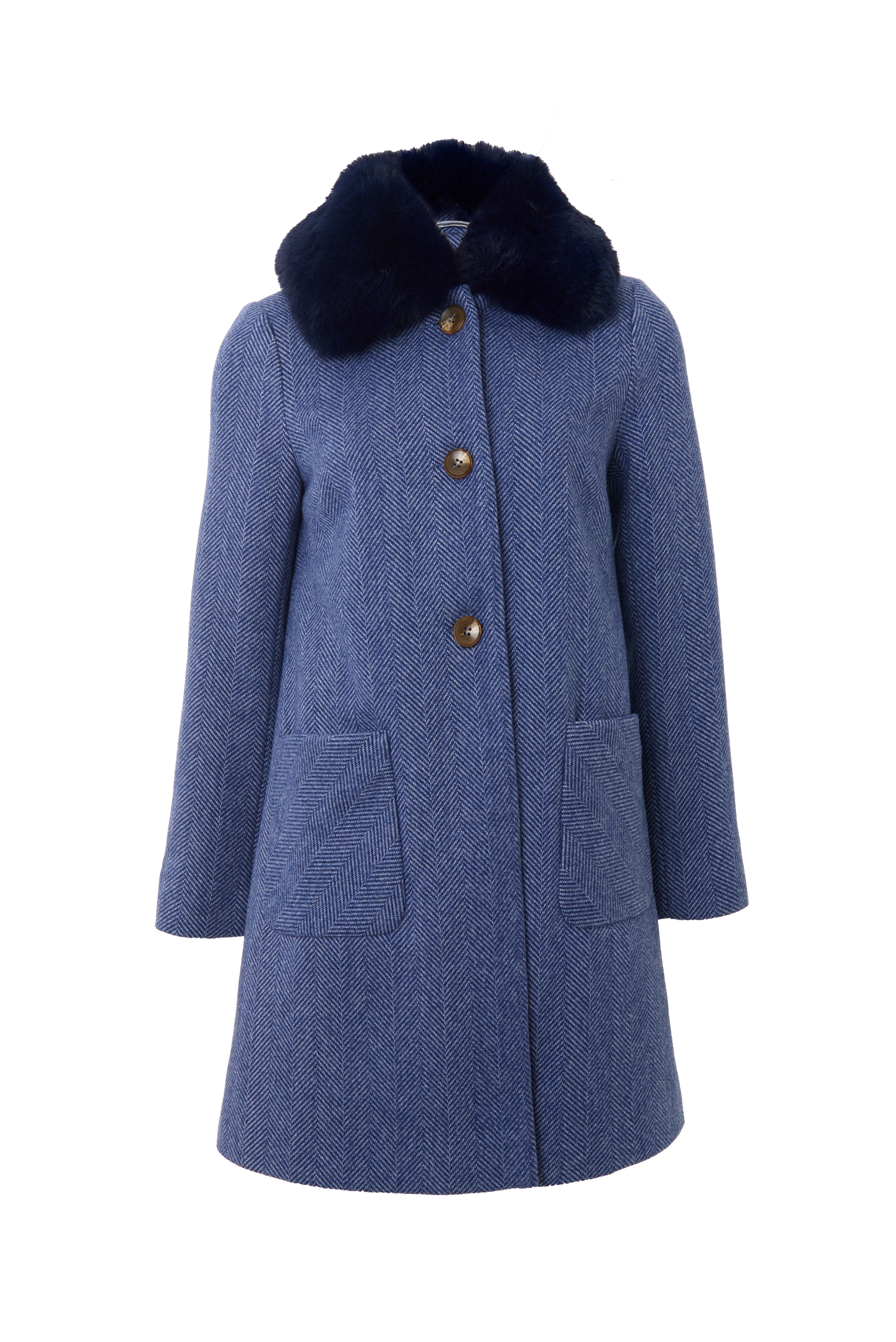 Dryden Herringbone Fur Collared Coat - Blue - Styled