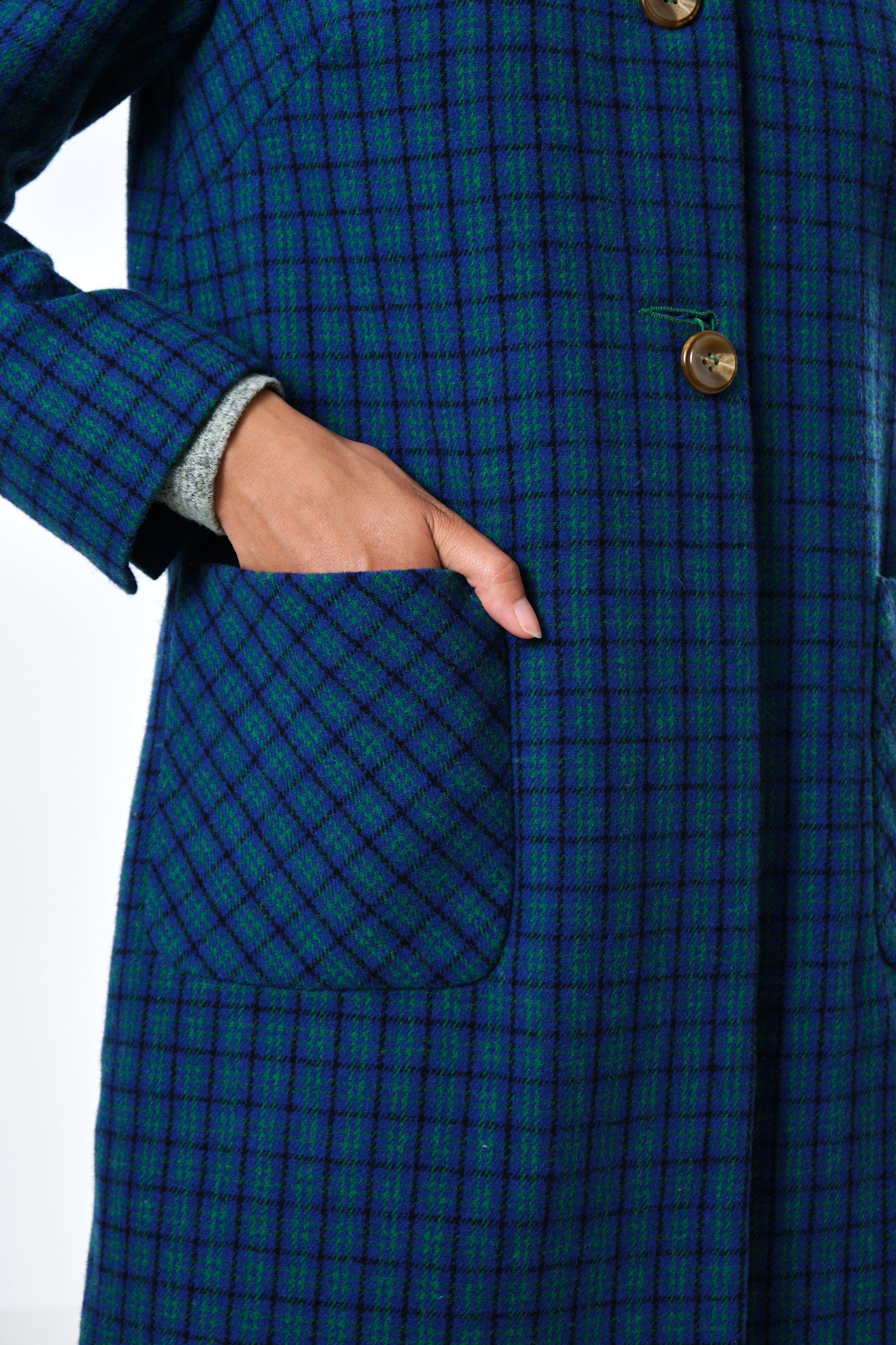 Dryden Wyoming Check Faux Fur Collar Coat - Blue - Detail 2