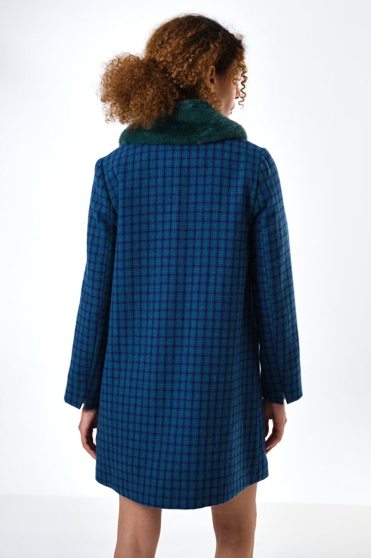 Dryden Wyoming Check Faux Fur Collar Coat - Blue