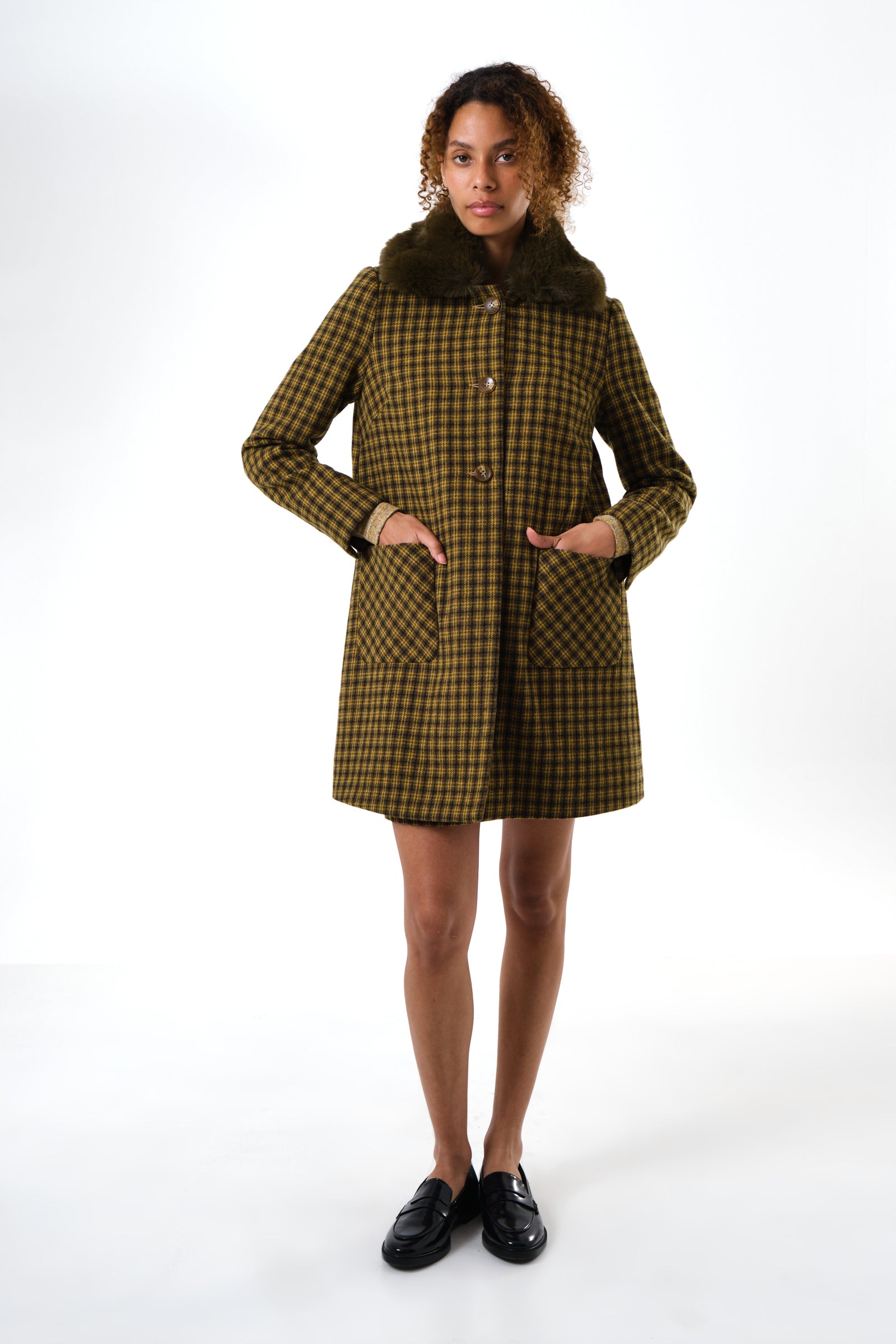 Dryden Wyoming Check Faux Fur Collar Coat - Mustard - Detail 4