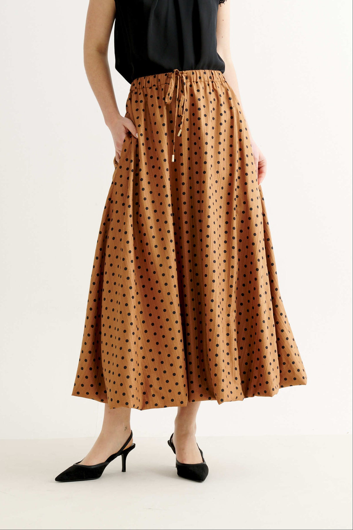 Dixie Spot Print Balloon Midi Skirt - Toffee