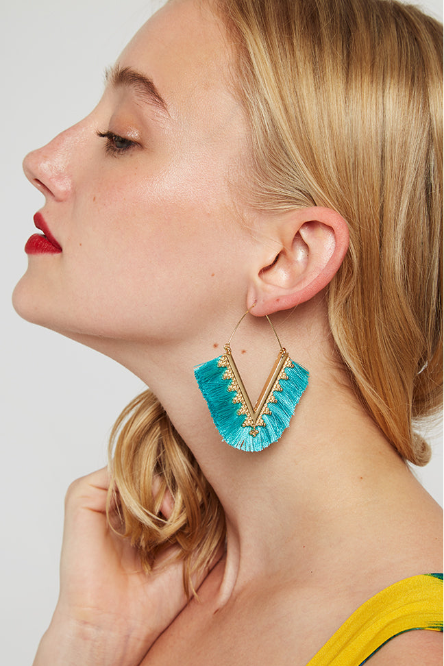Edna V-Shape Silk Tassel Hoop Earrings - Turquoise
