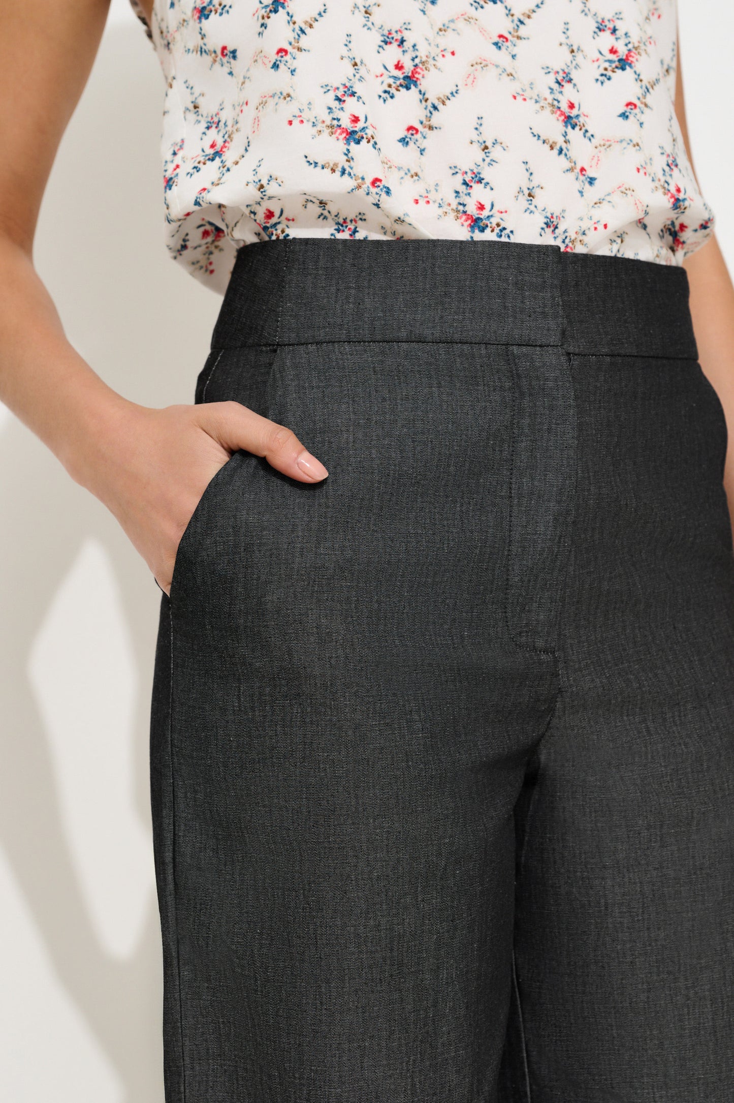 Elina Chambray Straight Cut Trouser - Black