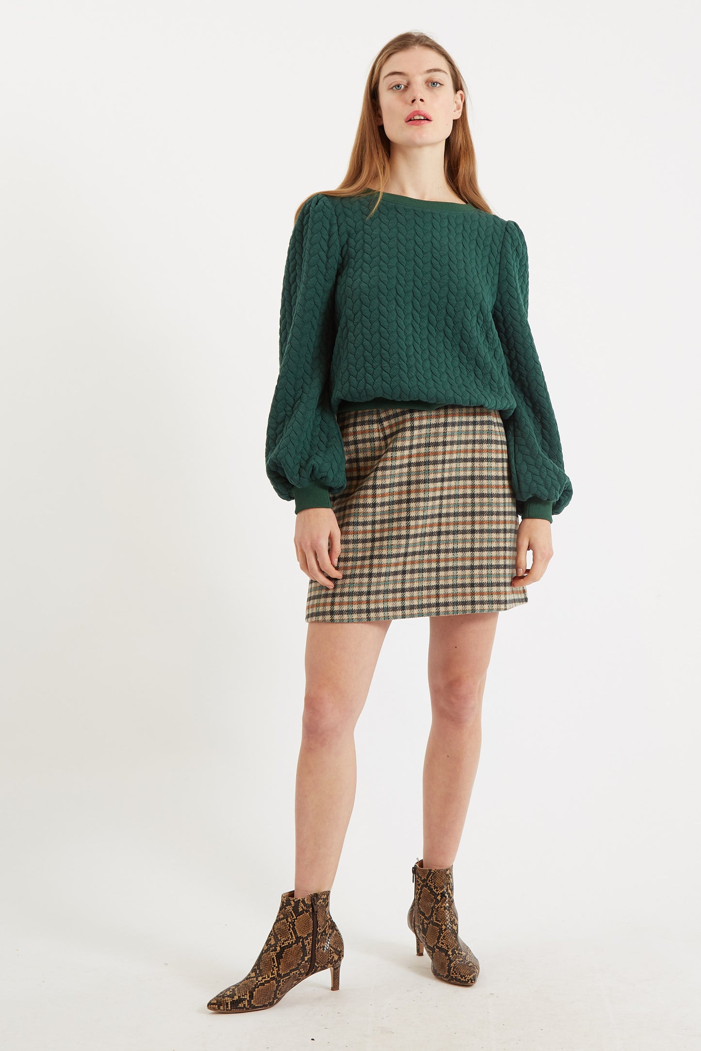 Ellie Plait Puff Sleeve Sweatshirt - Green