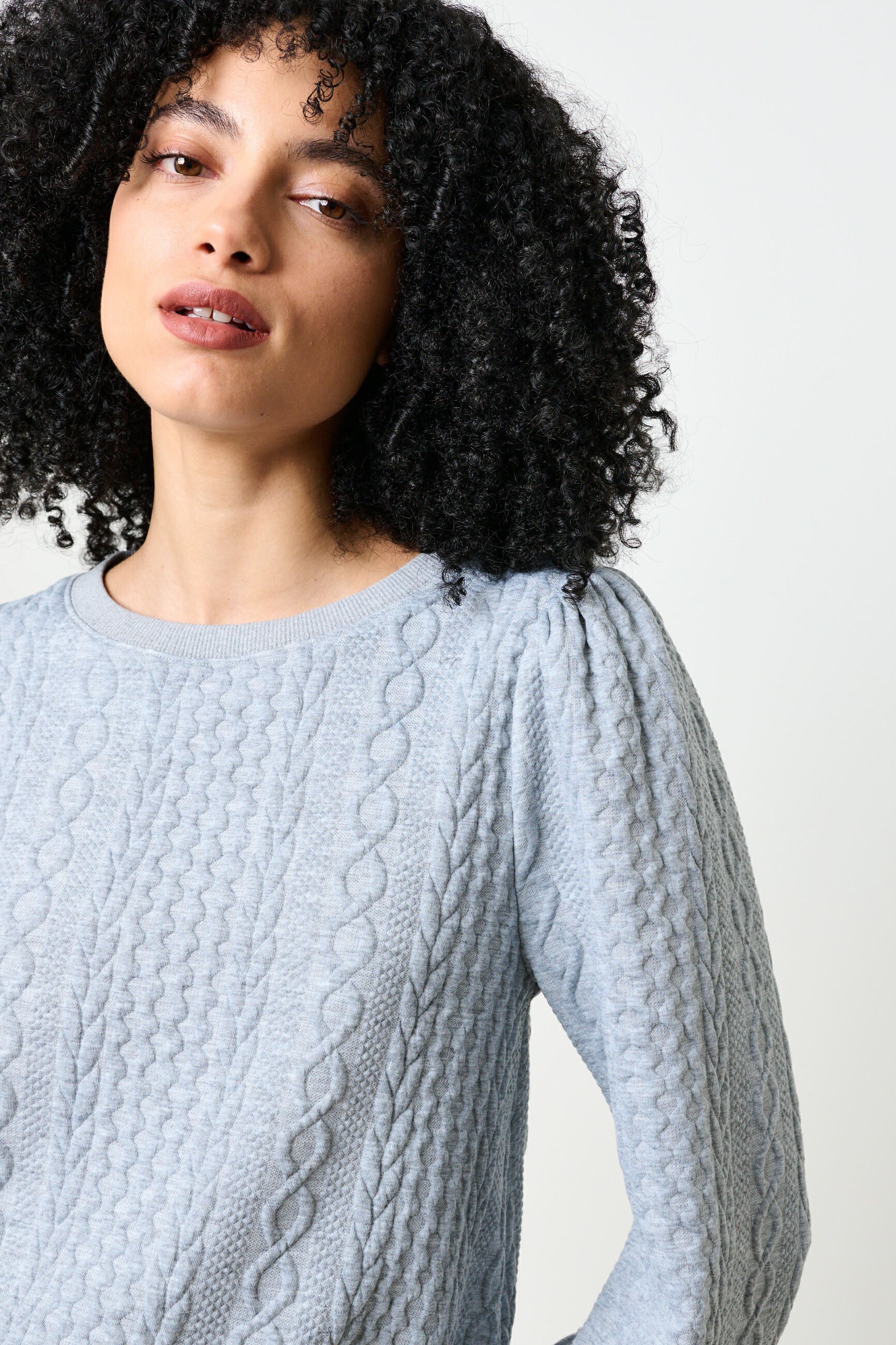 Ellie Cable Quilt Puff Sleeve Sweatshirt - Marl Grey