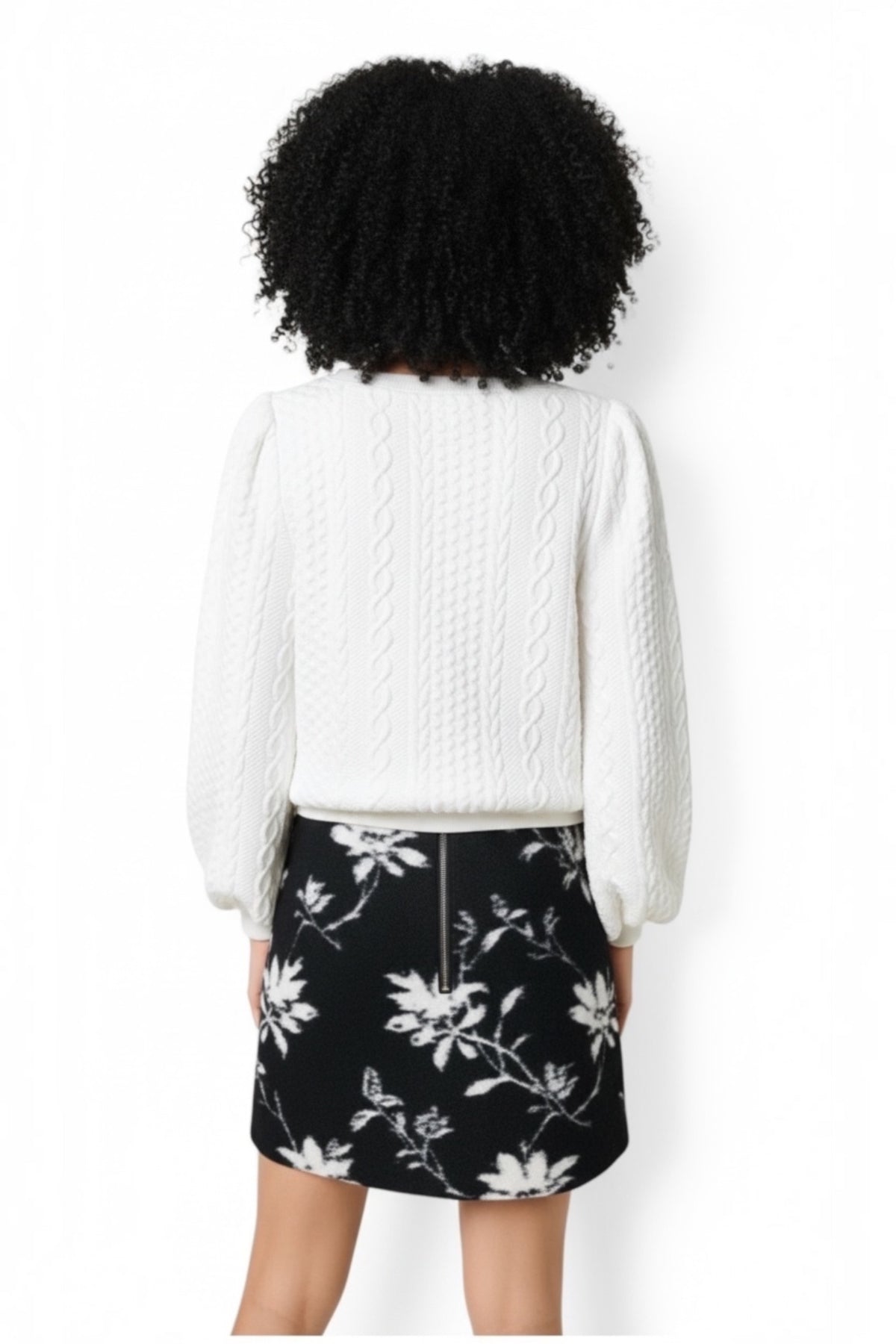 Ellie Cable Quilt Puff Sleeve Sweatshirt - White