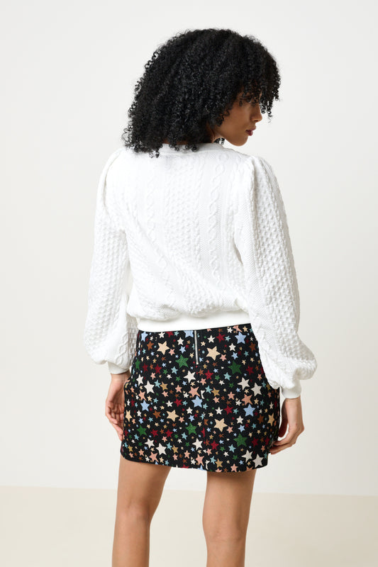 Ellie Cable Quilt Puff Sleeve Sweatshirt - White