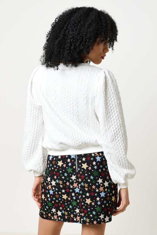 Ellie Cable Quilt Puff Sleeve Sweatshirt - White