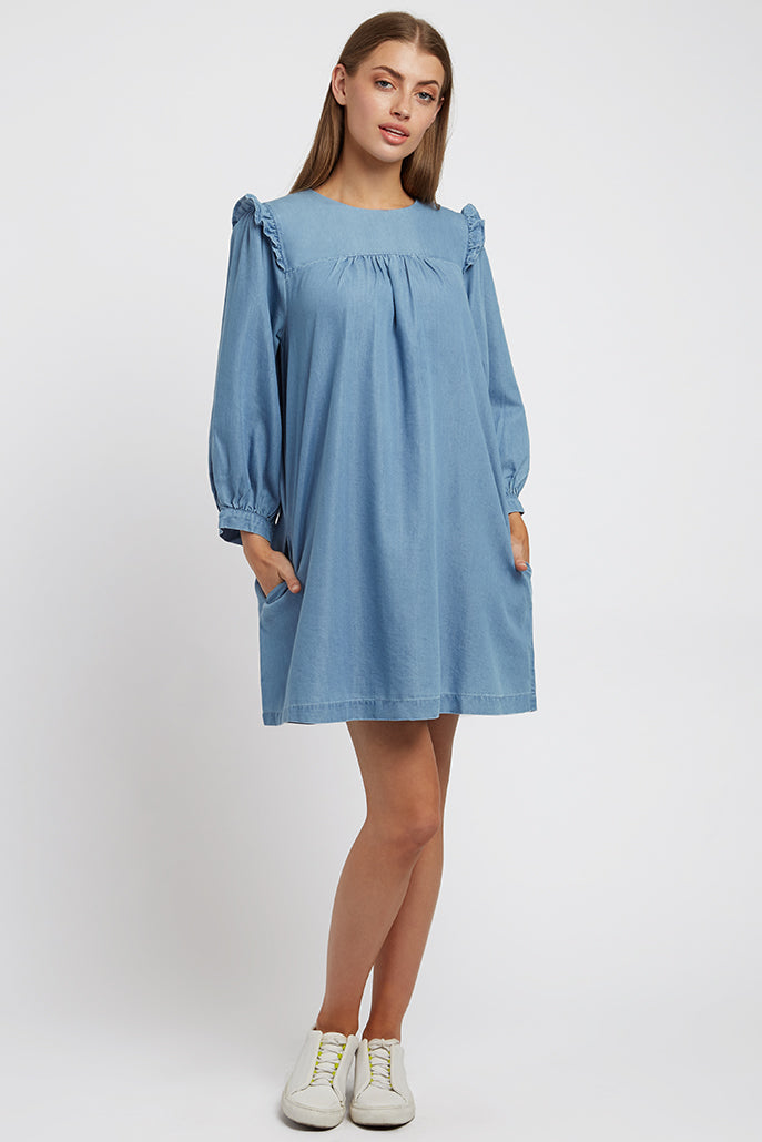 Elly Chambray Mini Dress in Blue