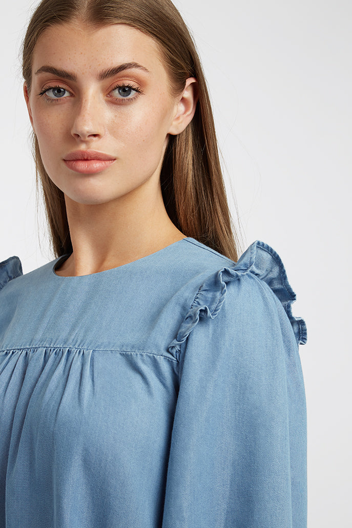 Elly Chambray Mini Dress in Blue