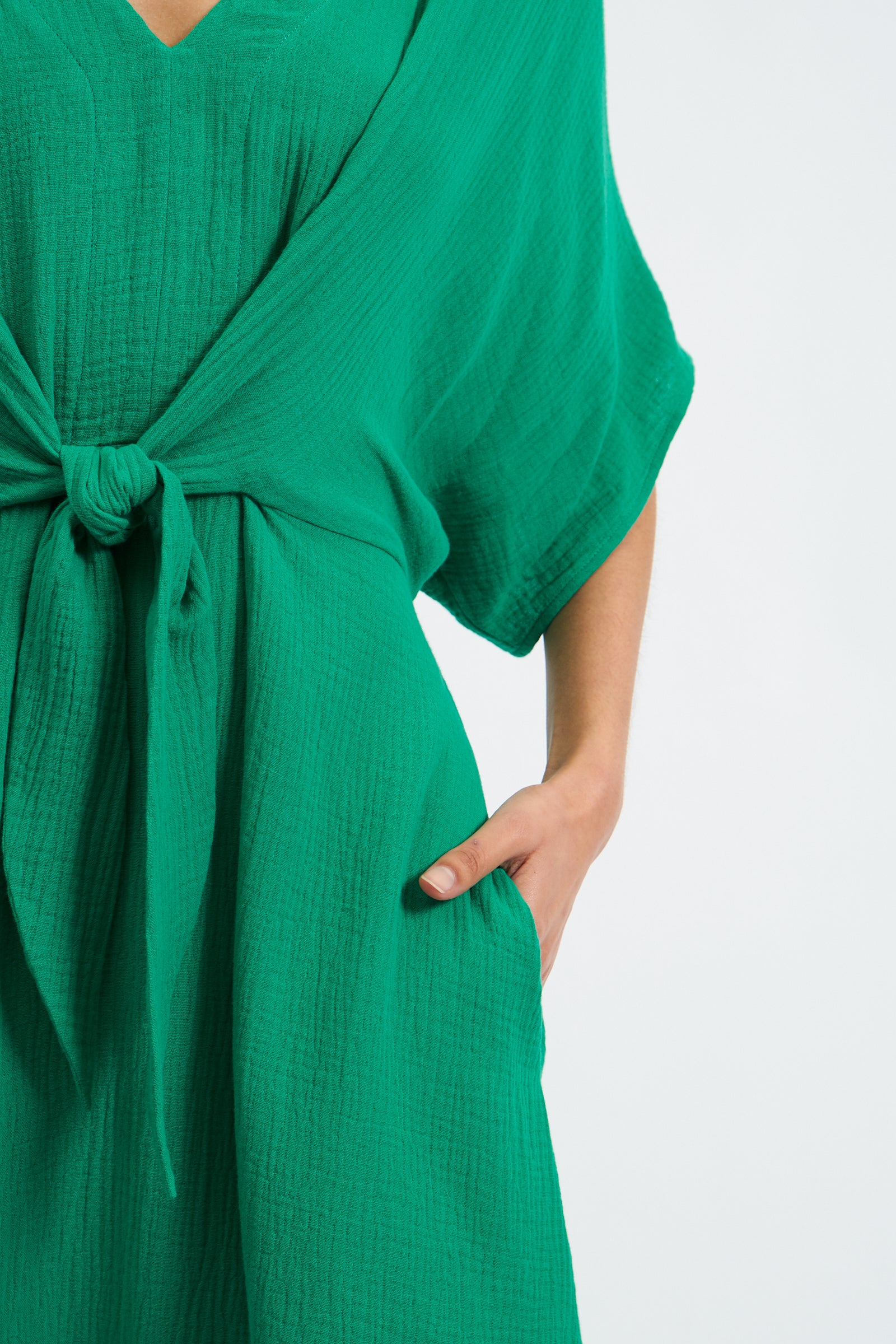 Elody Double Gauze Tie Waist Midi Dress - Green - Detail 2