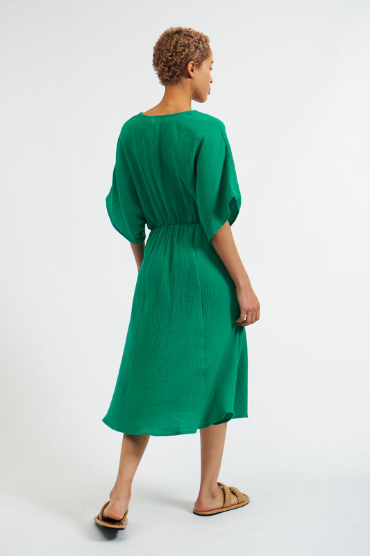 Elody Double Gauze Tie Waist Midi Dress - Green