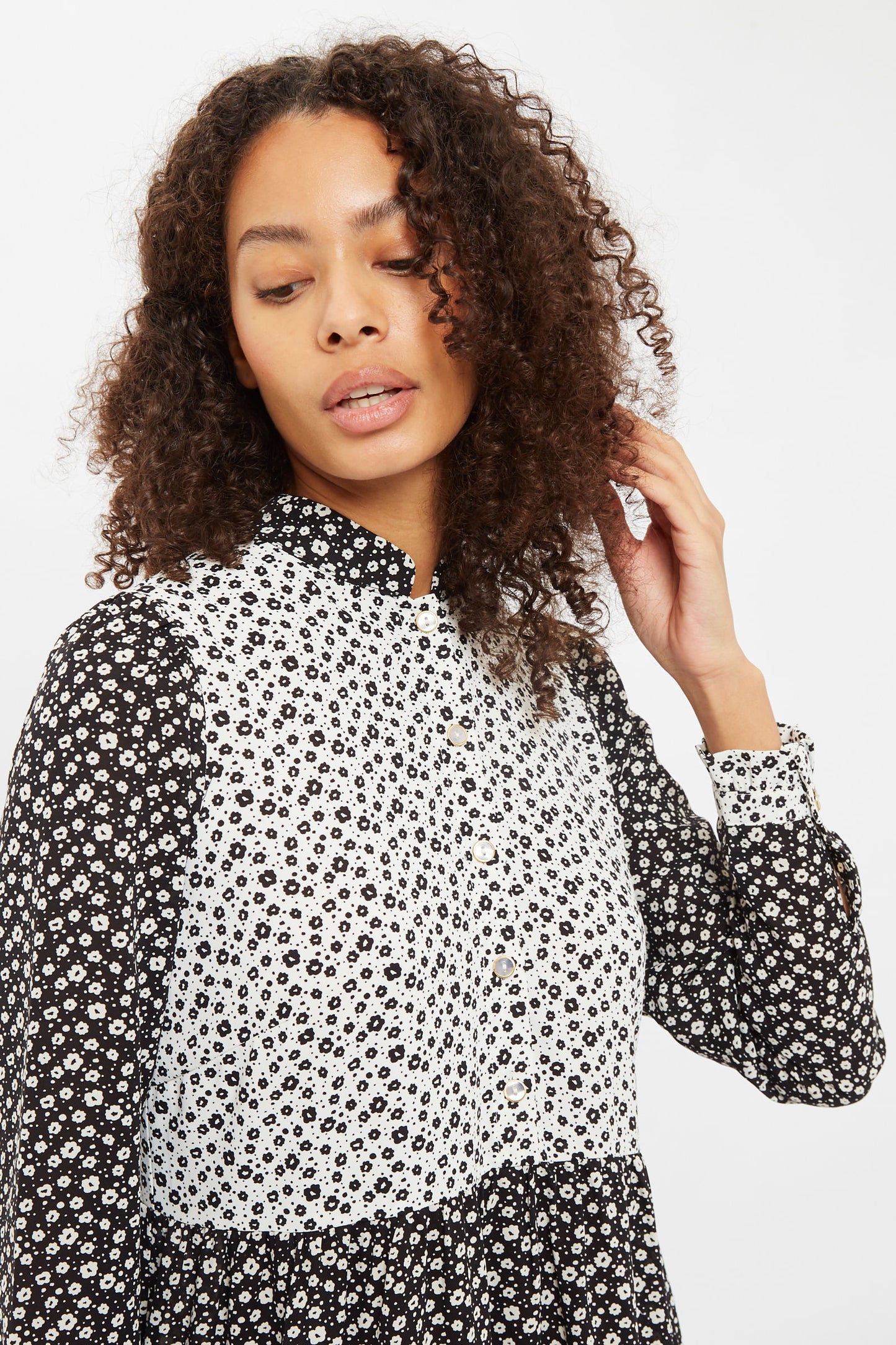 Louche Elsie Flower Spot Print Mix And Match Long Sleeve Tie Midi Dress