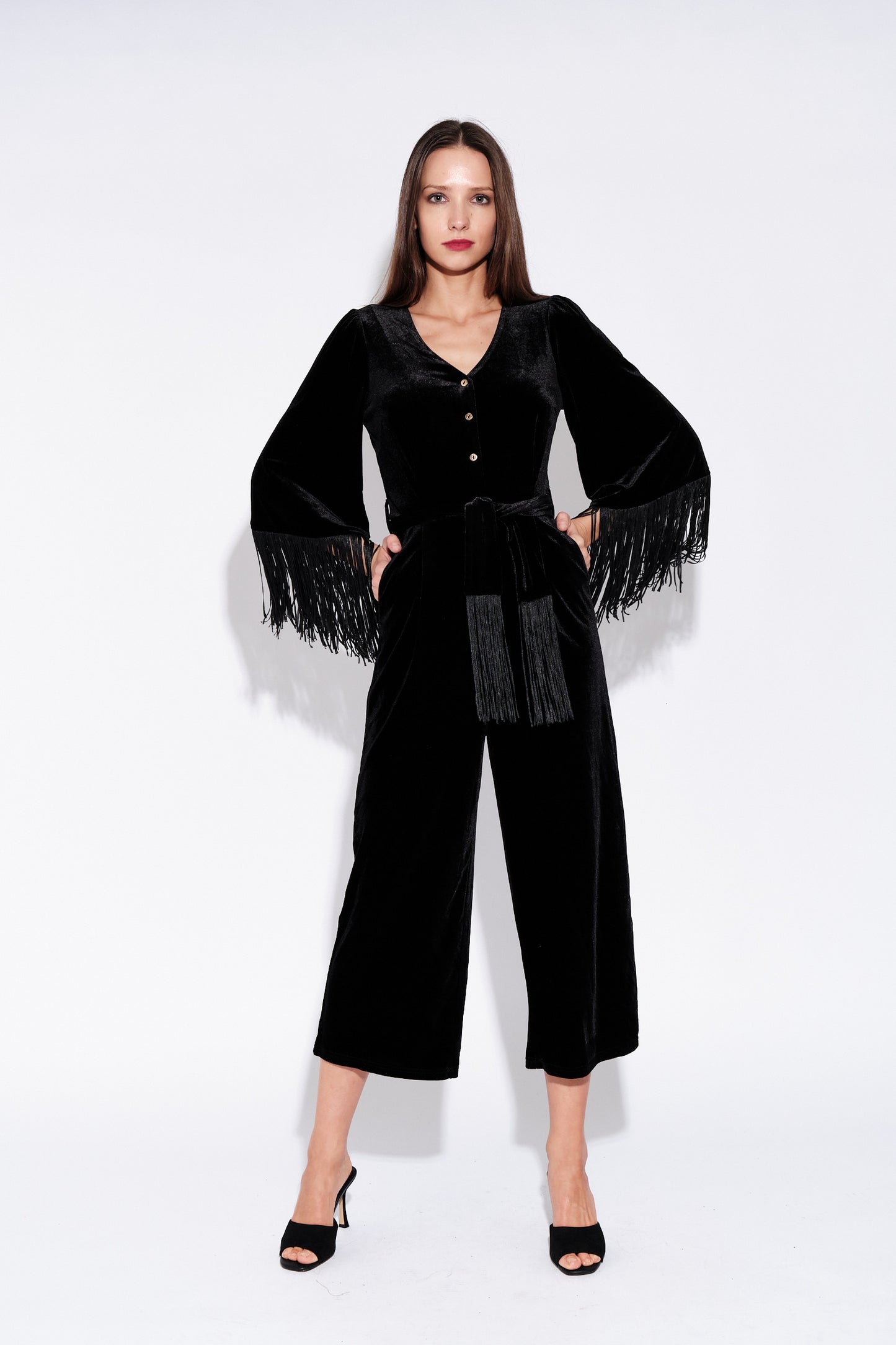 Elvis Fringe Sleeve Velvet Jumpsuit in Black