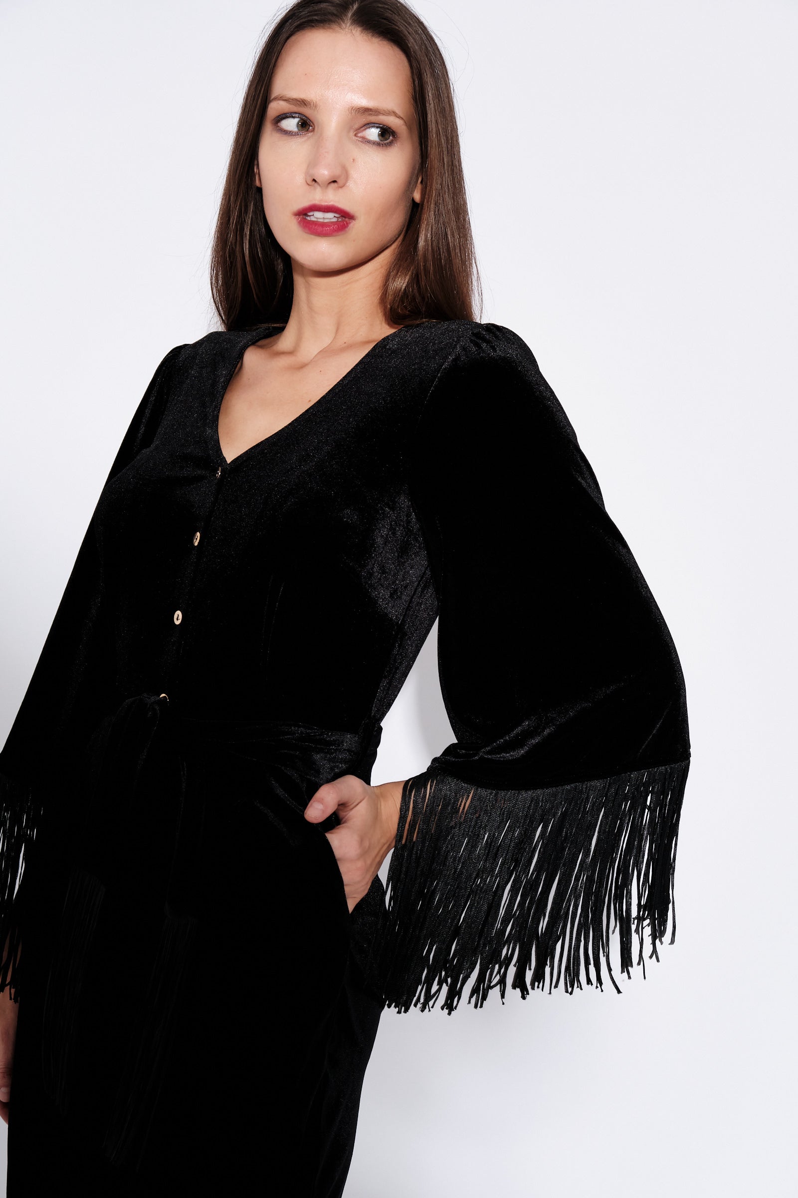 Elvis Fringe Sleeve Velvet Jumpsuit in Black - Detail 1