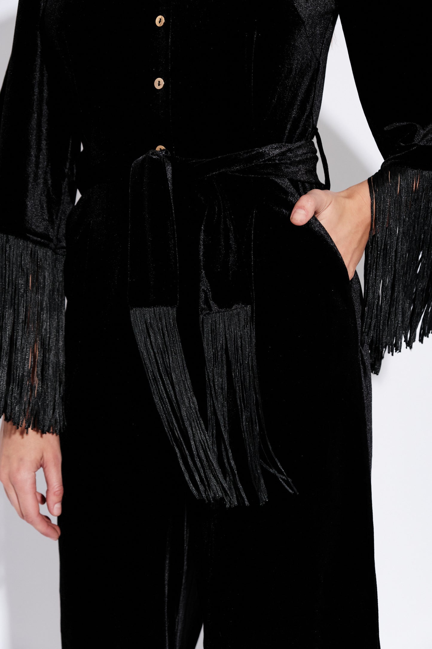 Elvis Fringe Sleeve Velvet Jumpsuit in Black