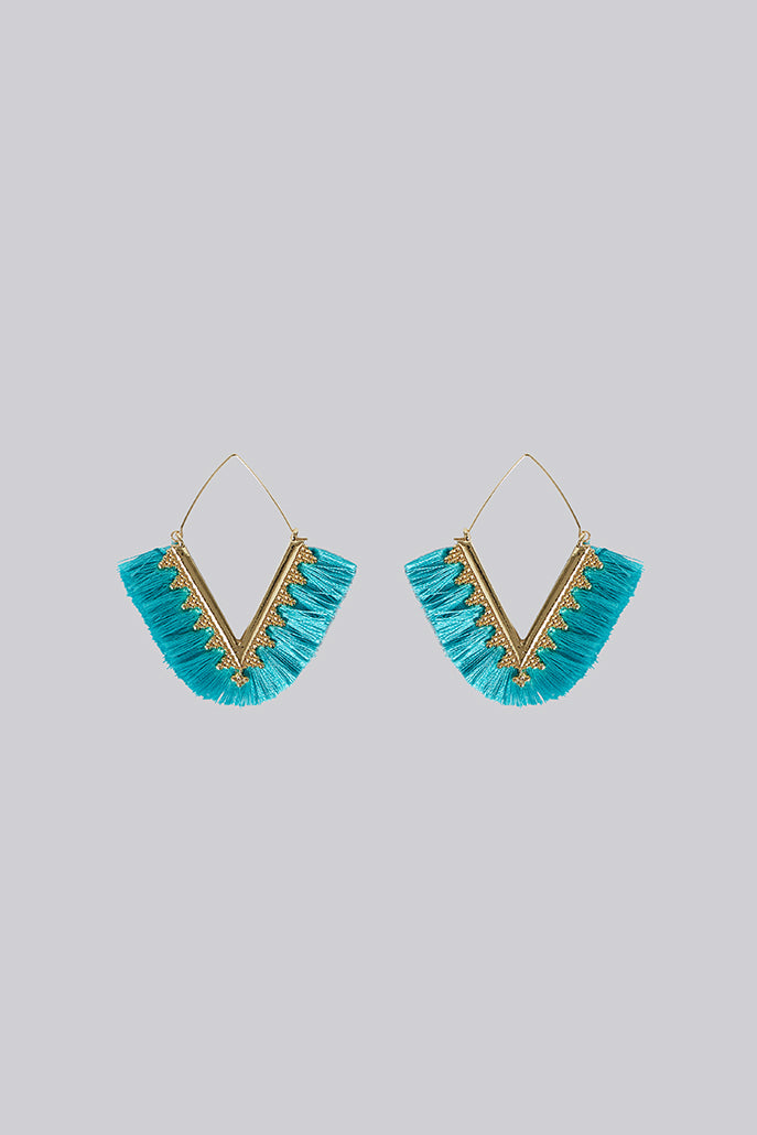 Edna V-Shape Silk Tassel Hoop Earrings - Turquoise - Styled
