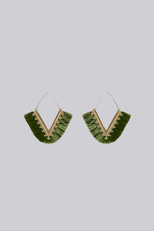 Edna Khaki V-Shaped Fringed Hoop Earrings
