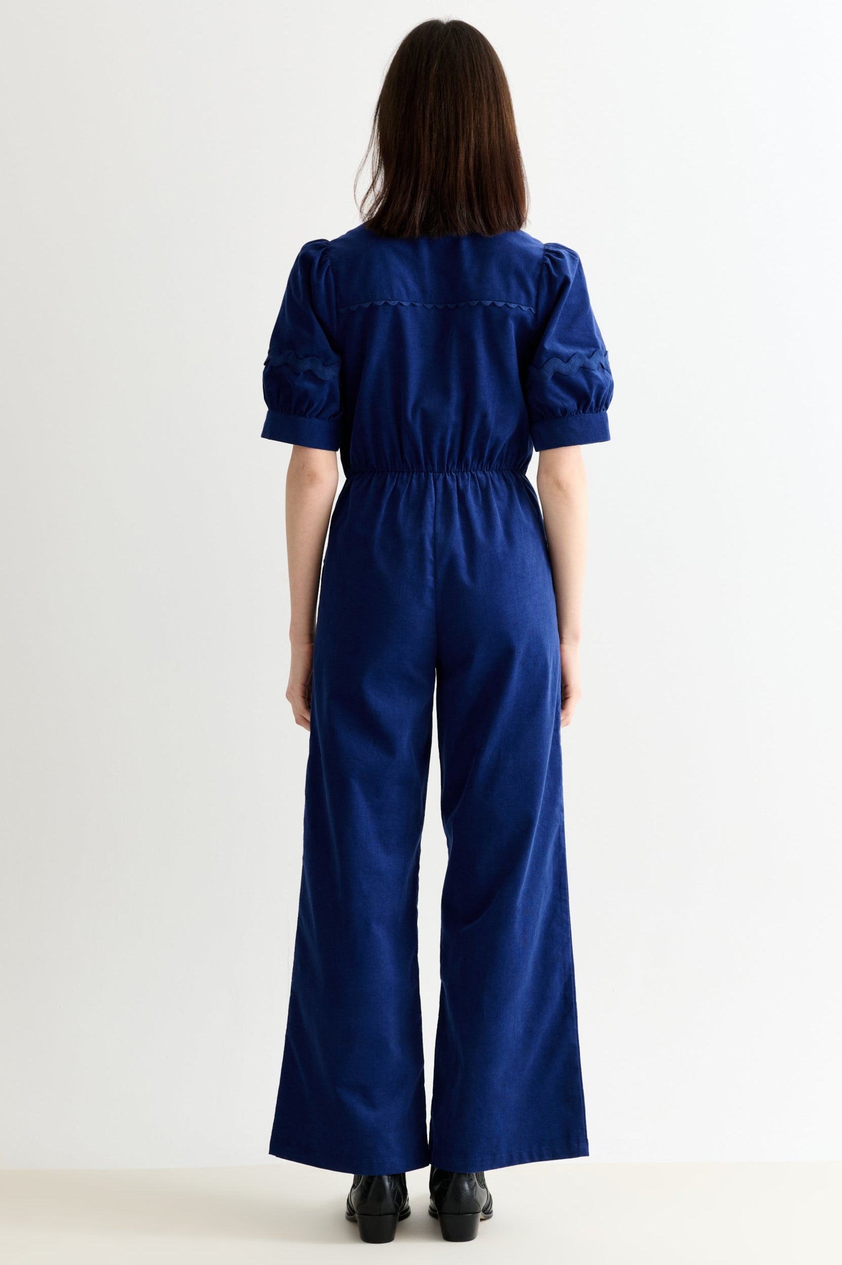 Finlay Babycord V-Neck Ric Rac Trim Jumpsuit - Navy - Detail 1