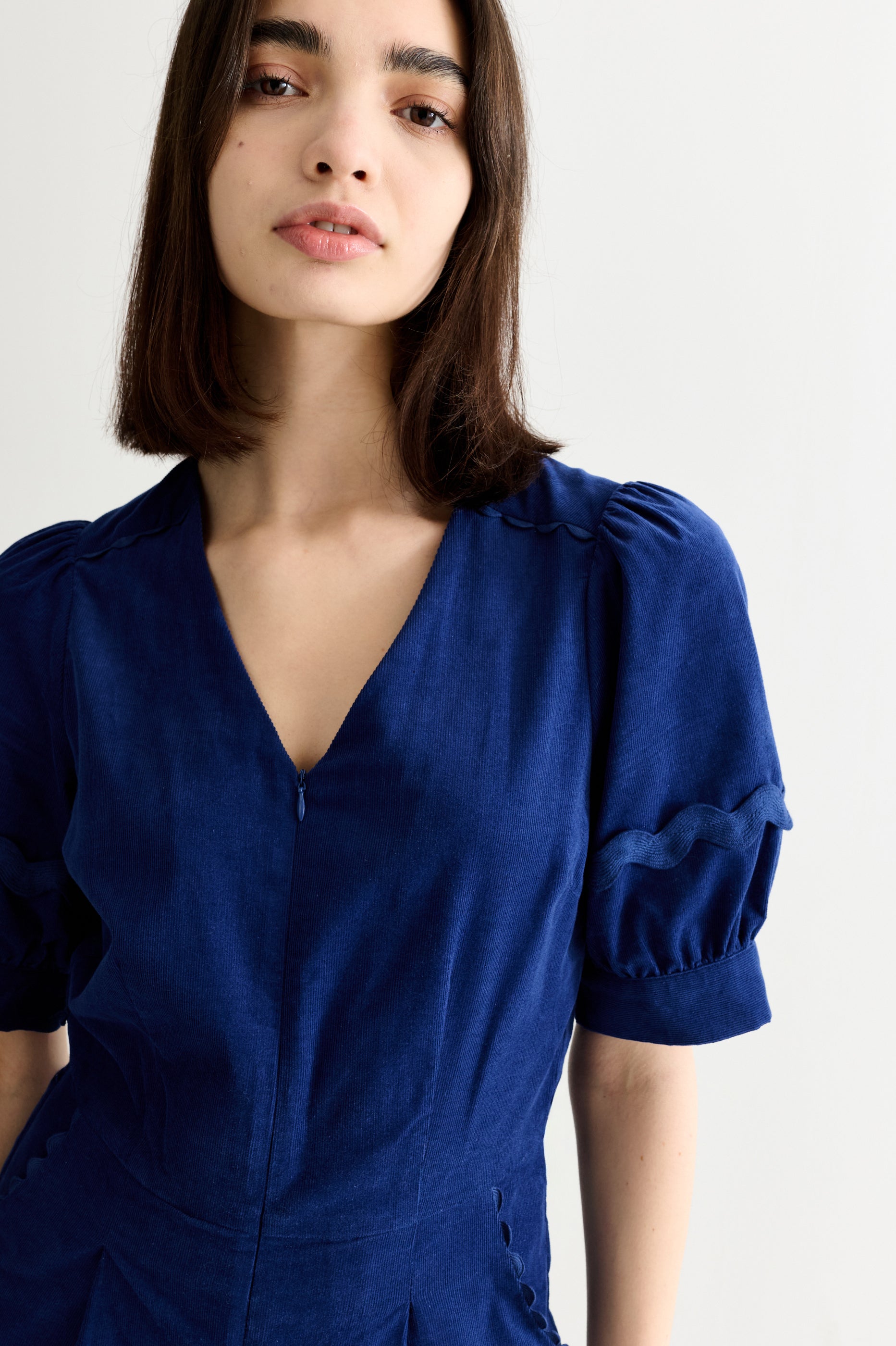 Finlay Babycord V-Neck Ric Rac Trim Jumpsuit - Navy - Detail 2