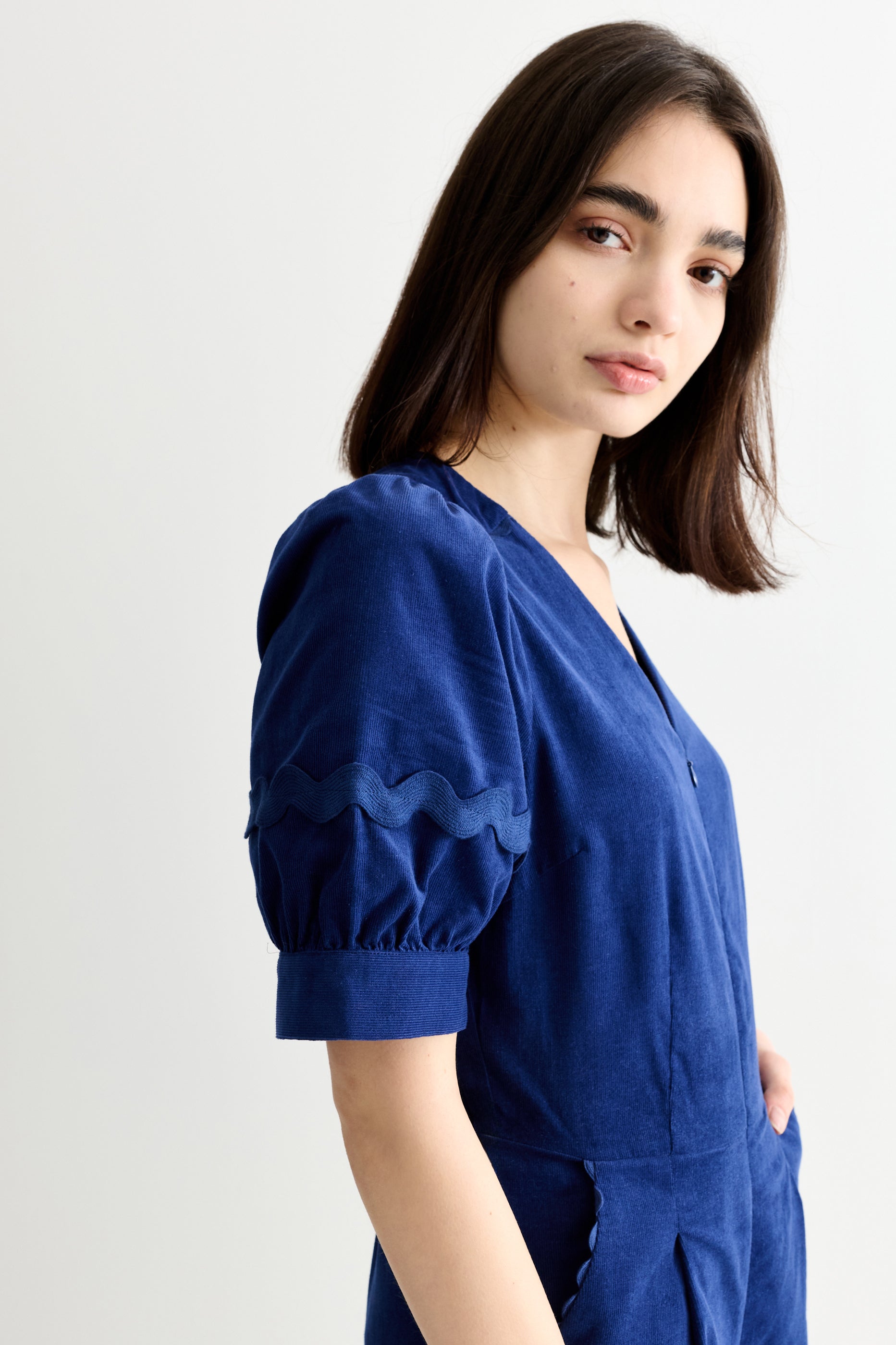 Finlay Babycord V-Neck Ric Rac Trim Jumpsuit - Navy - Detail 3