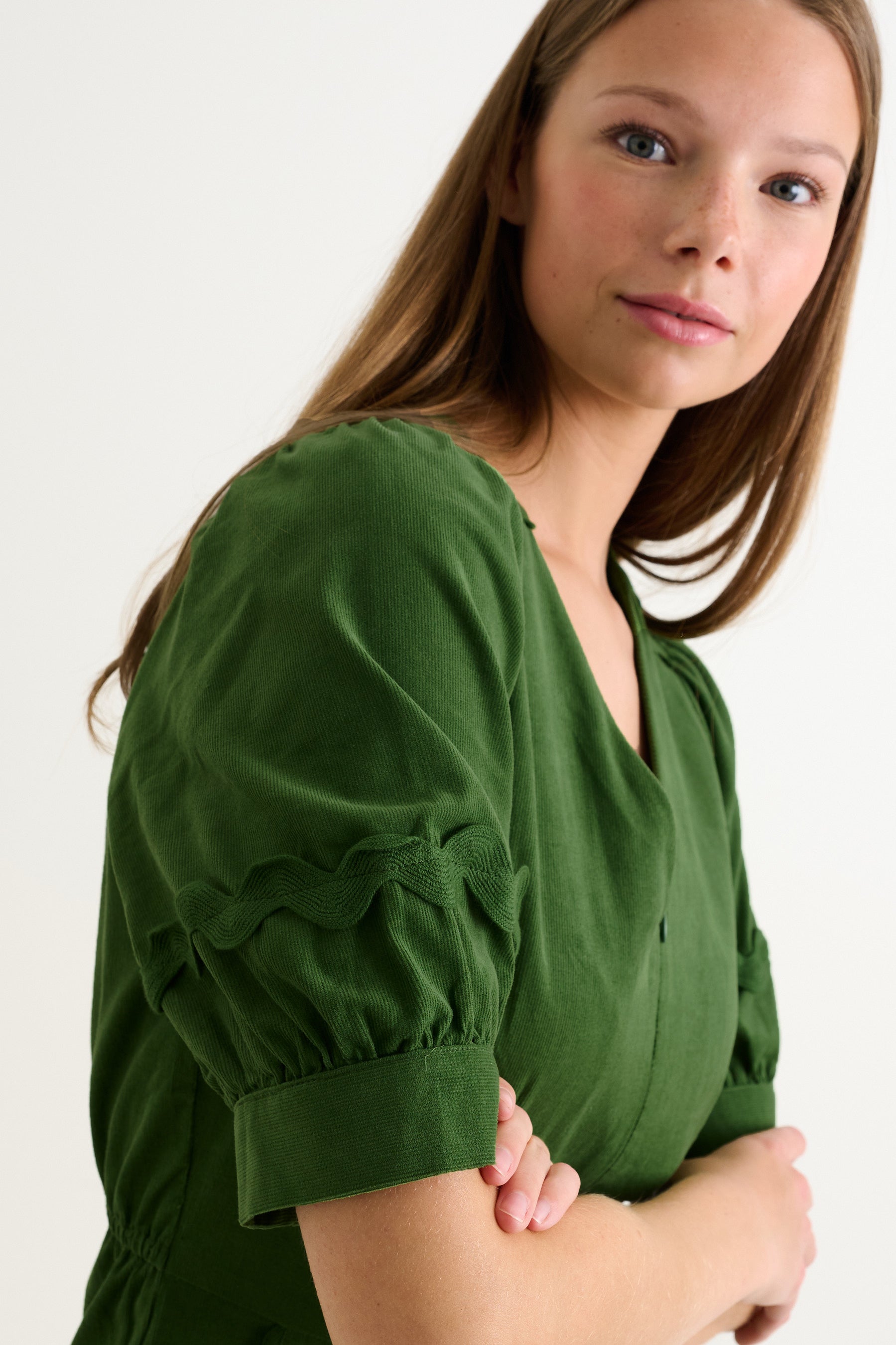 Finlay Babycord V Neck Ric Rac Trim Jumpsuit - Olive Green - Detail 2