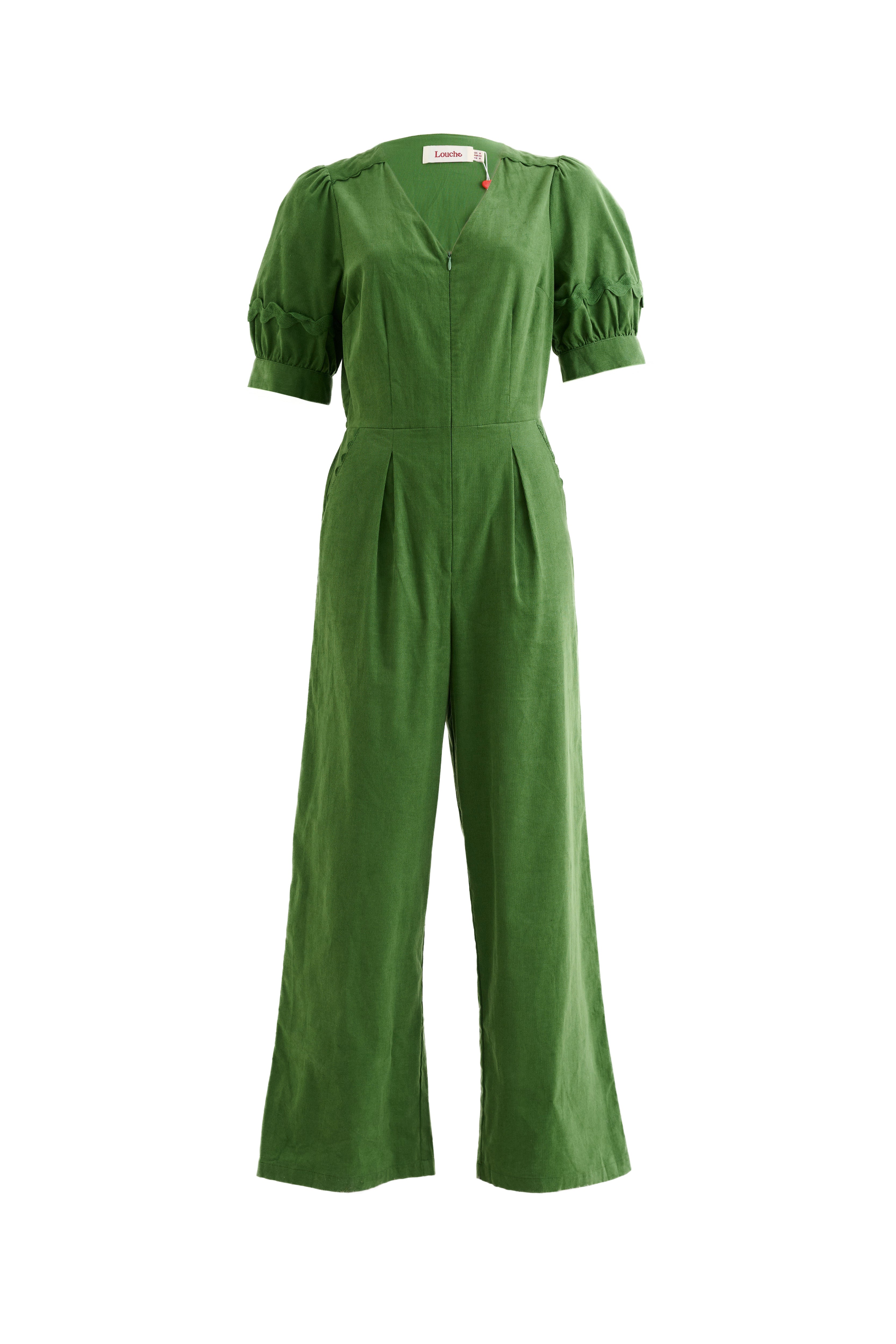 Finlay Babycord V Neck Ric Rac Trim Jumpsuit - Olive Green - Detail 4
