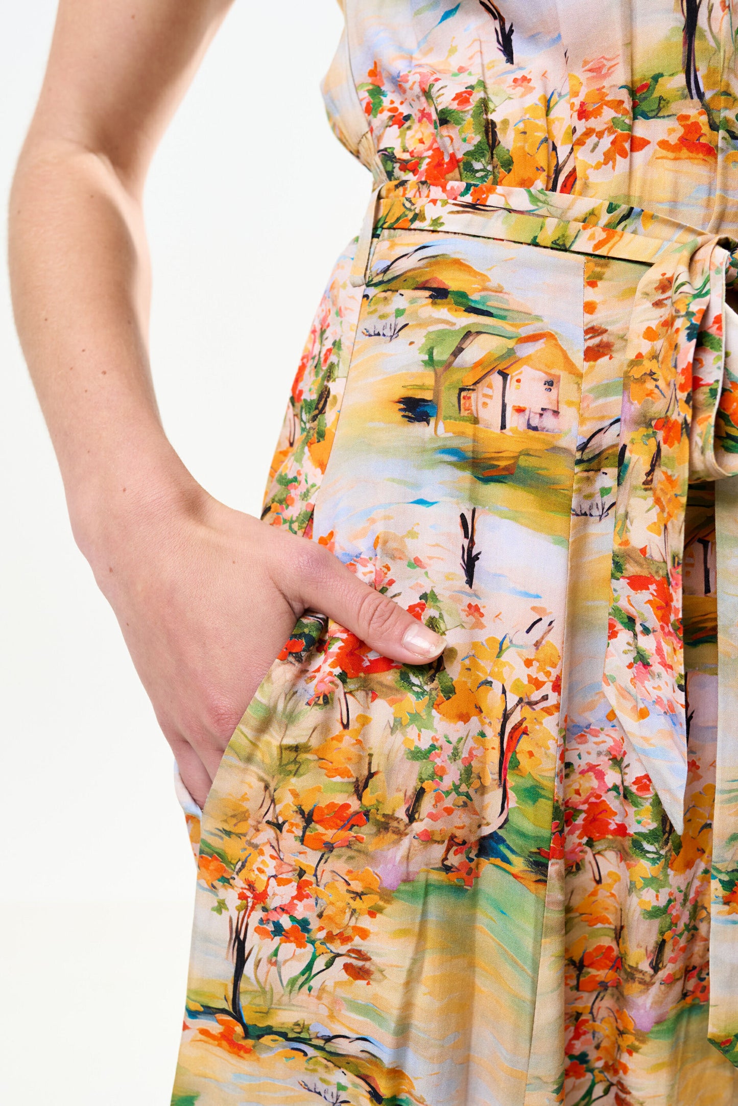 Fleur Oriental Landscape Print Midi Shirtdress - Yellow
