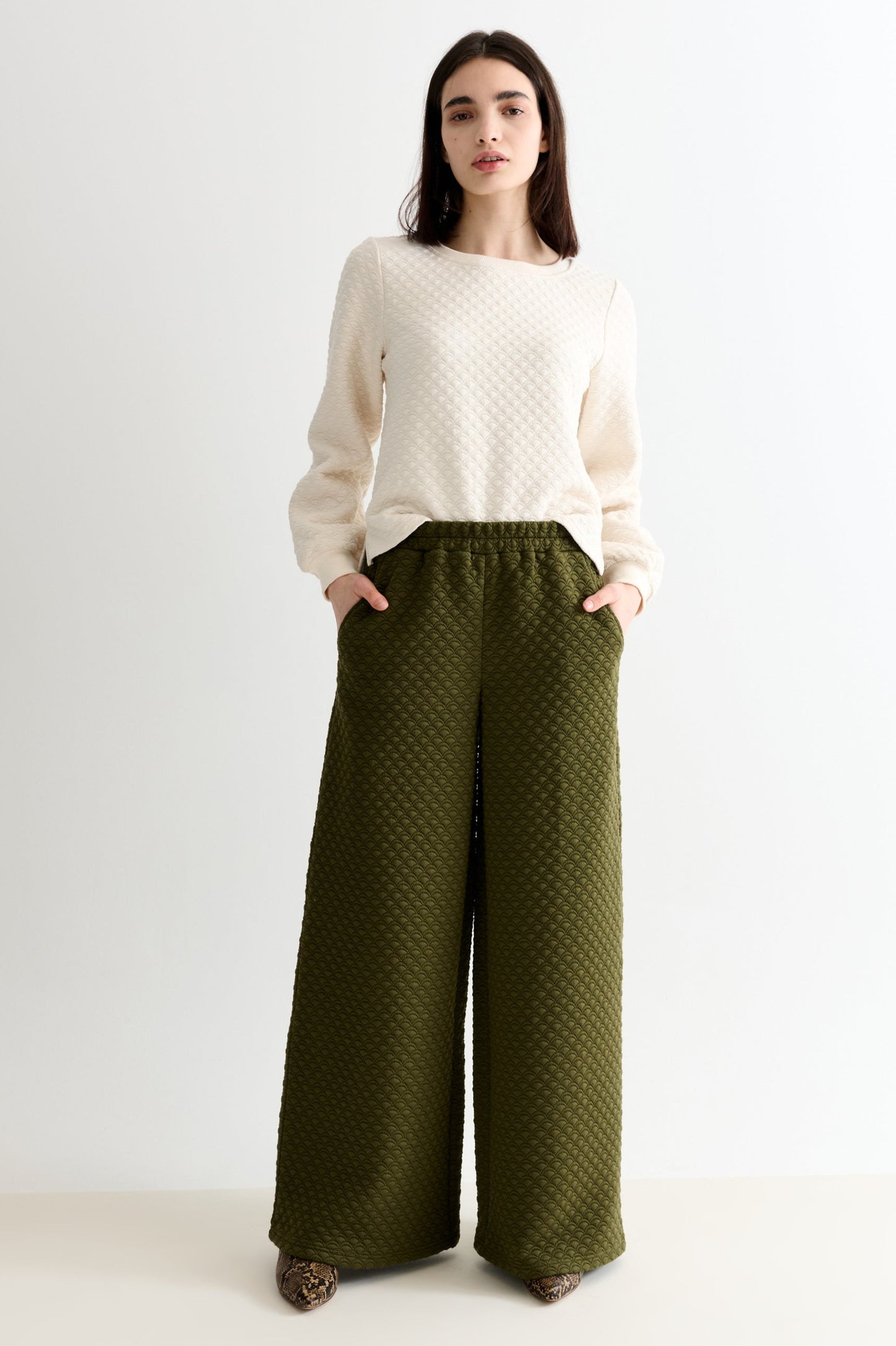 Flory Scallop Quilt Wide Leg Trouser - Moss Green