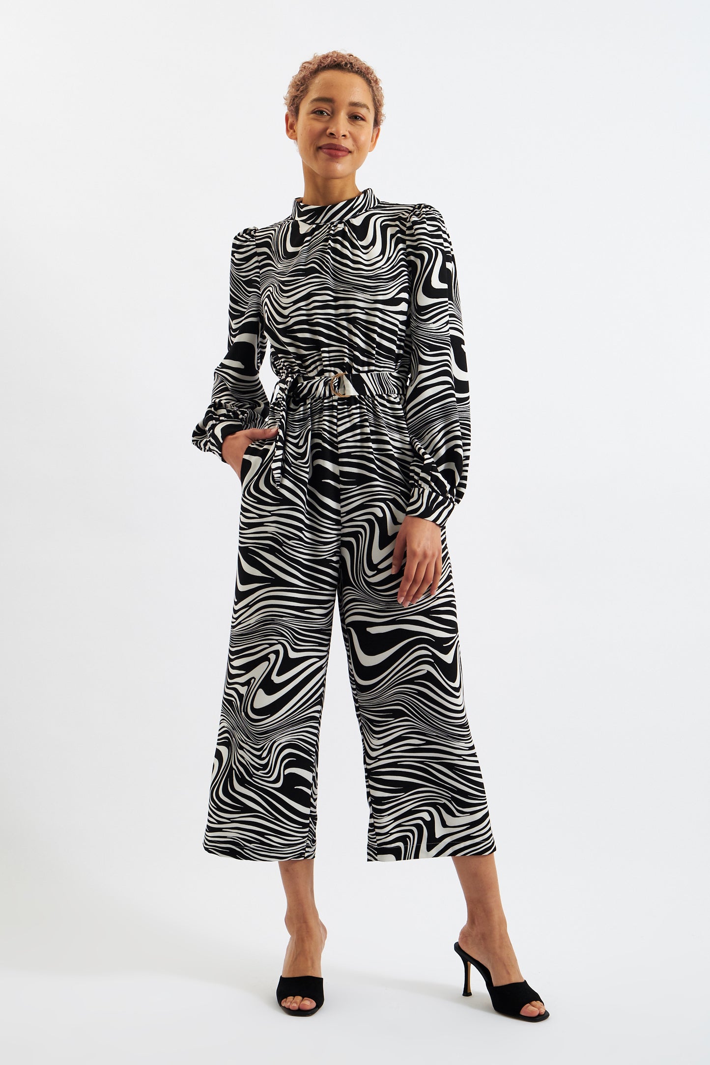 Gayane Zebra Pop Print Long Sleeve Jumpsuit - Black and White