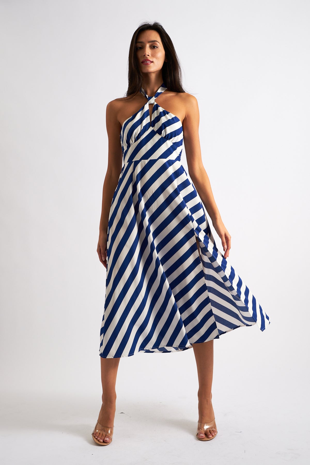 Geri Diagonal Lines Print Halter Midi Dress - Blue - Detail 1