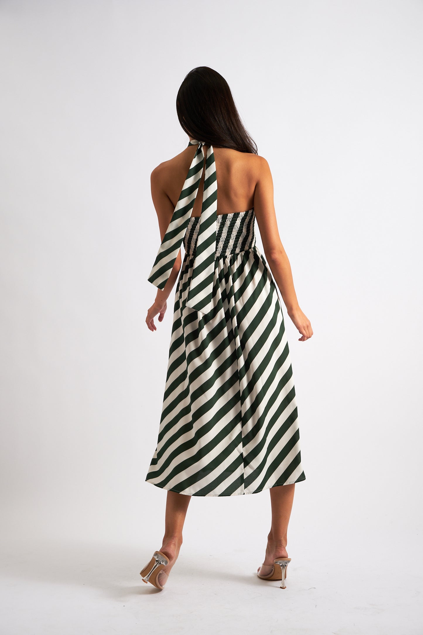 Geri Diagonal Lines Print Halter Midi Dress - Green