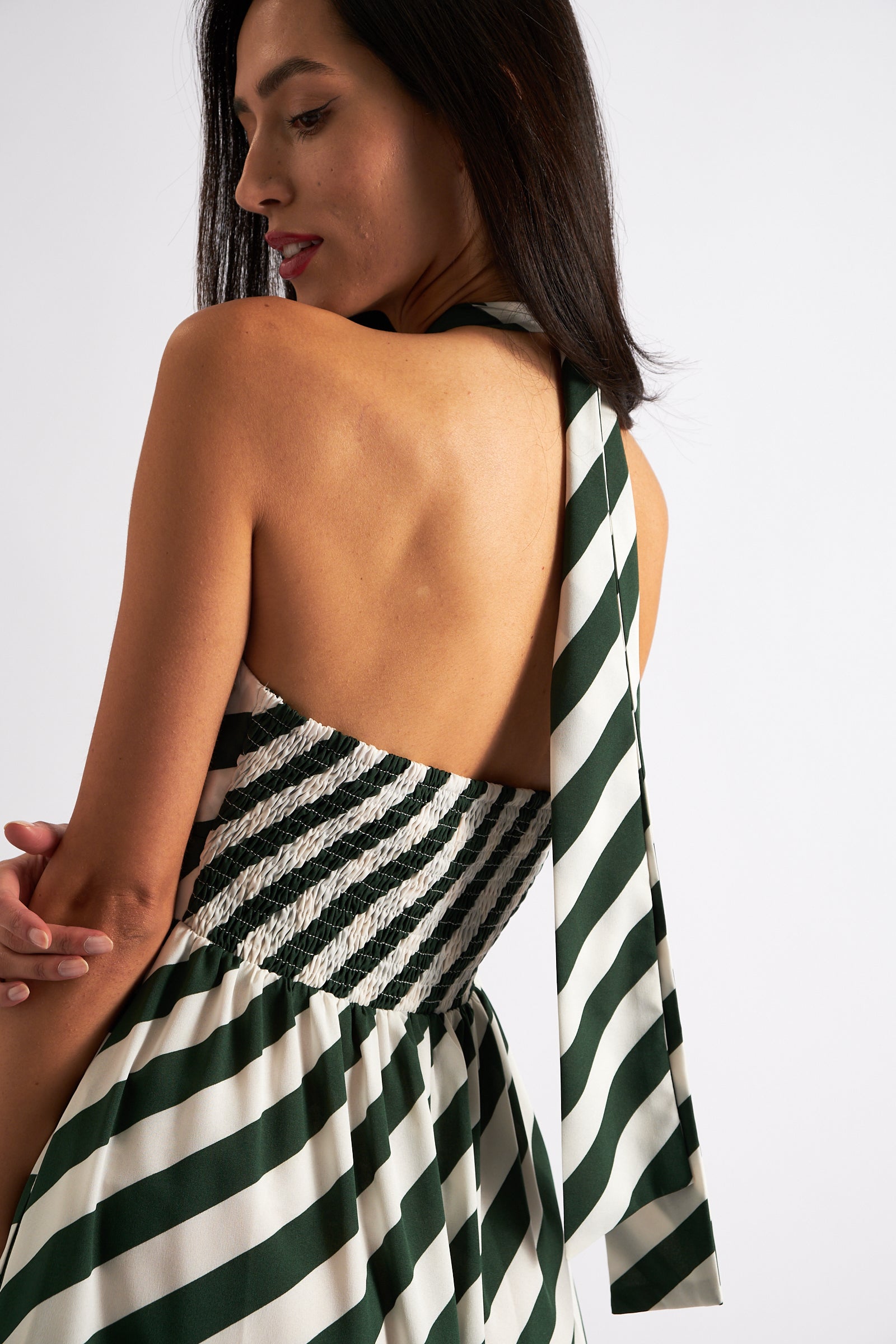 Geri Diagonal Lines Print Halter Midi Dress - Green - Detail 2