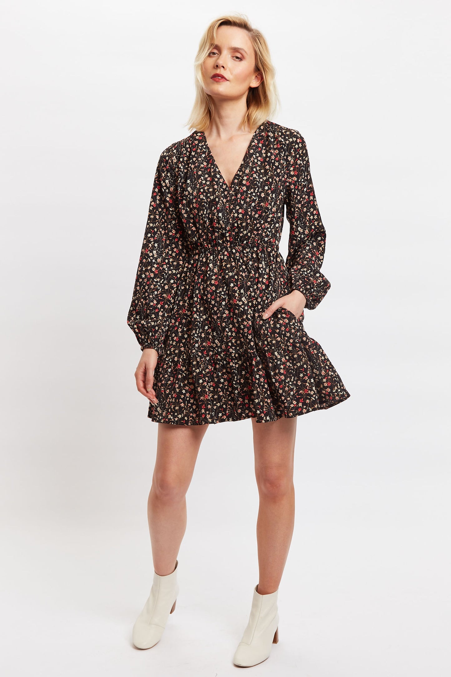 Louche Giovanna Wax Flower Print Long Sleeved Tie Mini Dress