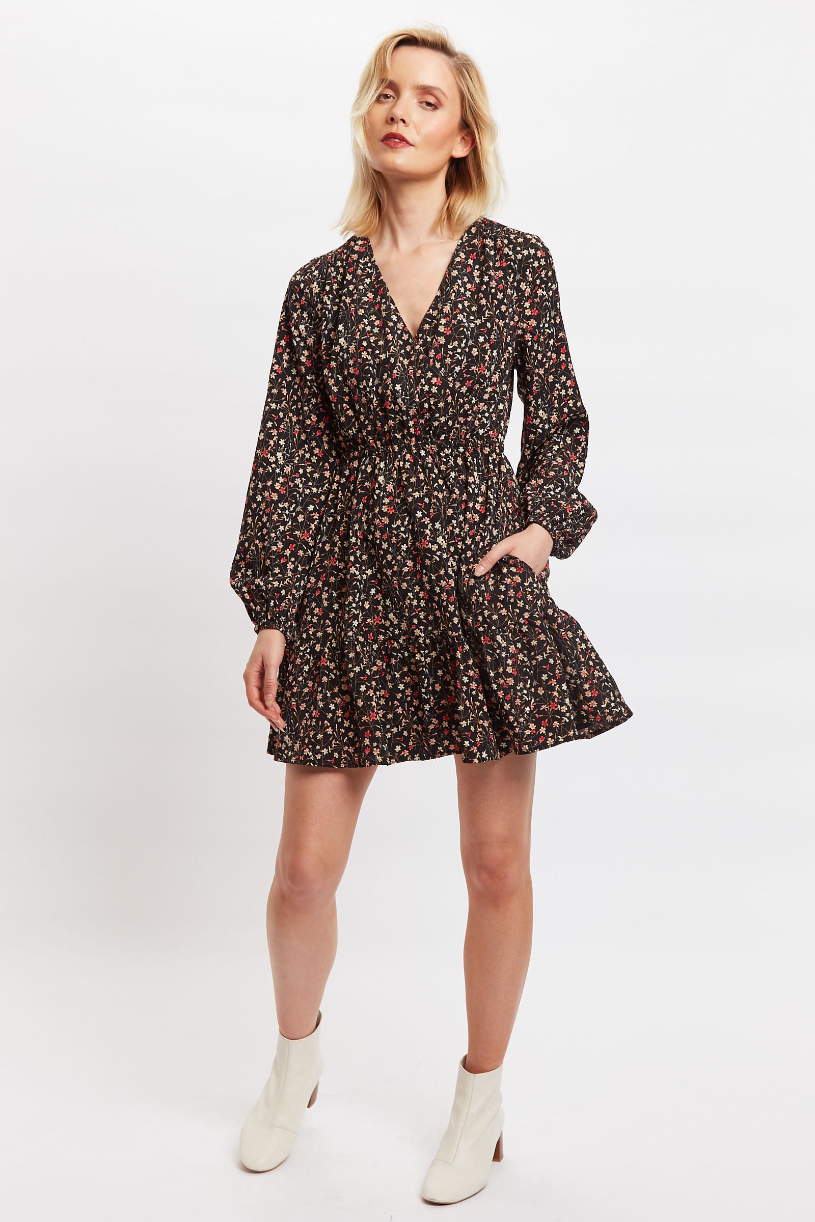 Louche Giovanna Wax Flower Print Long Sleeved Tie Mini Dress - Styled