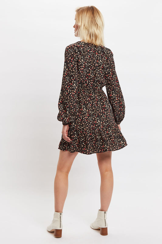 Louche Giovanna Wax Flower Print Long Sleeved Tie Mini Dress
