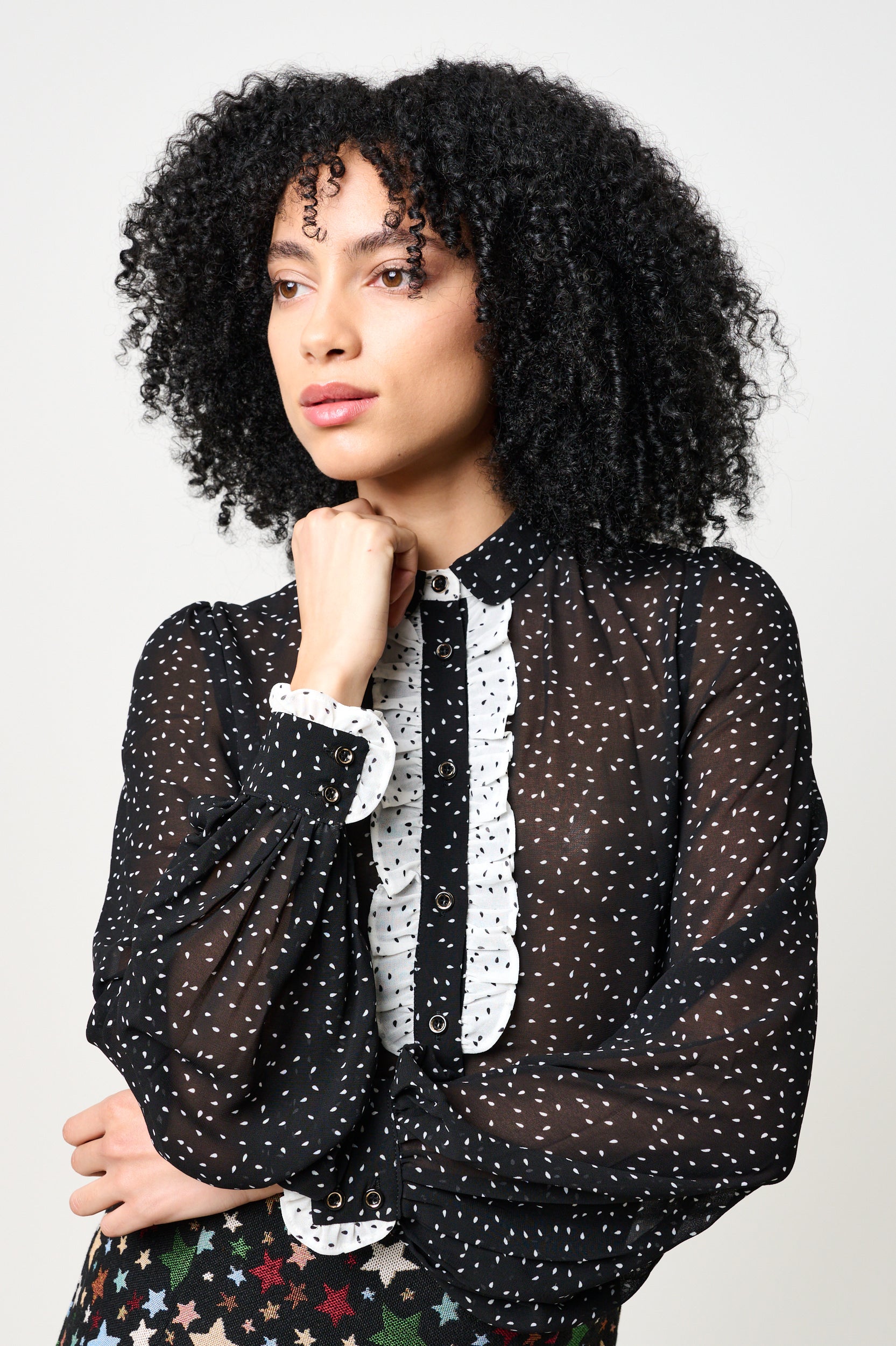 Gisla Raindrop Contrast Frill Long Sleeve Blouse - Black - Detail 2