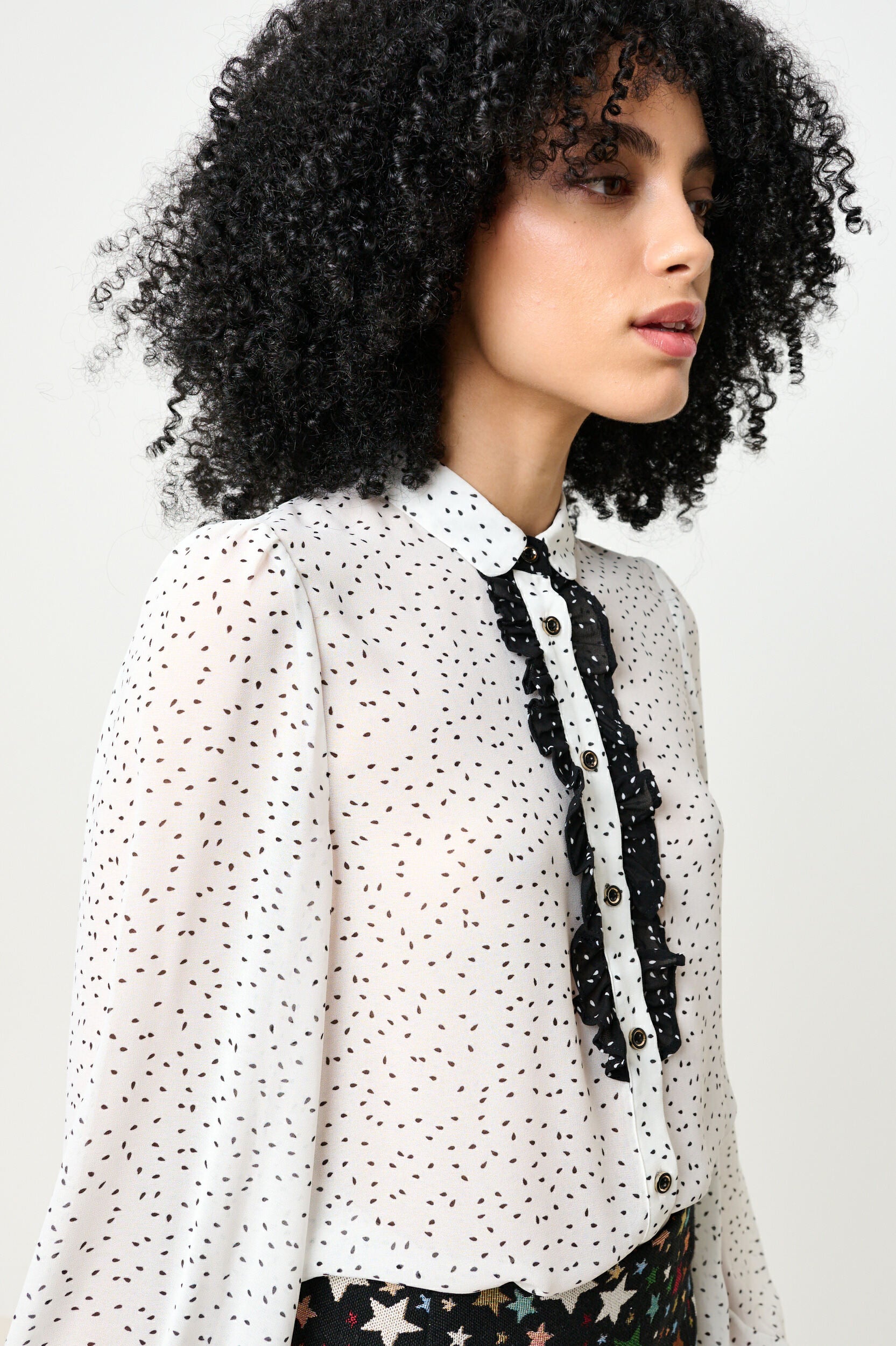Gisla Raindrop Contrast Frill Long Sleeve Blouse - White - Detail 1