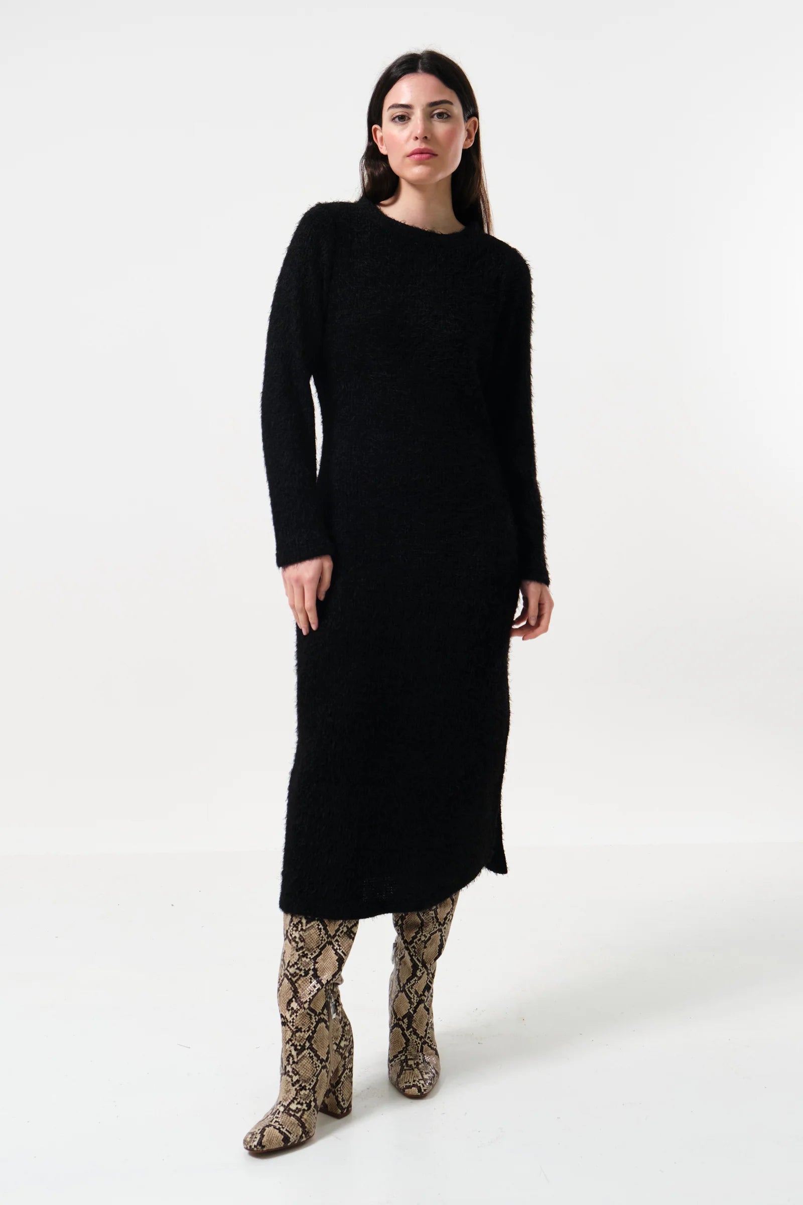 Guila Eyelash Rib Long Sleeve Sweater Midi Dress - Black