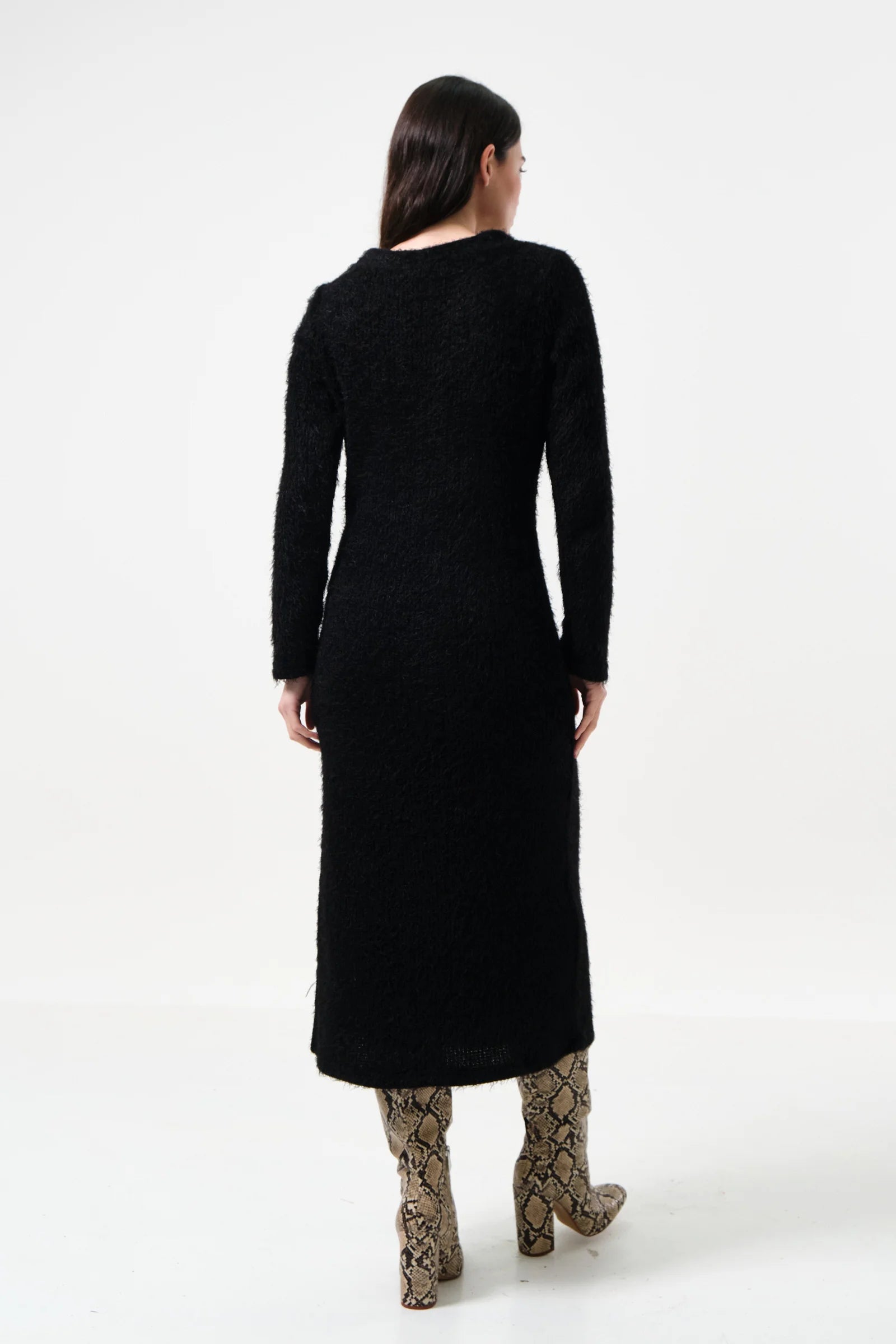 Guila Eyelash Rib Long Sleeve Sweater Midi Dress - Black