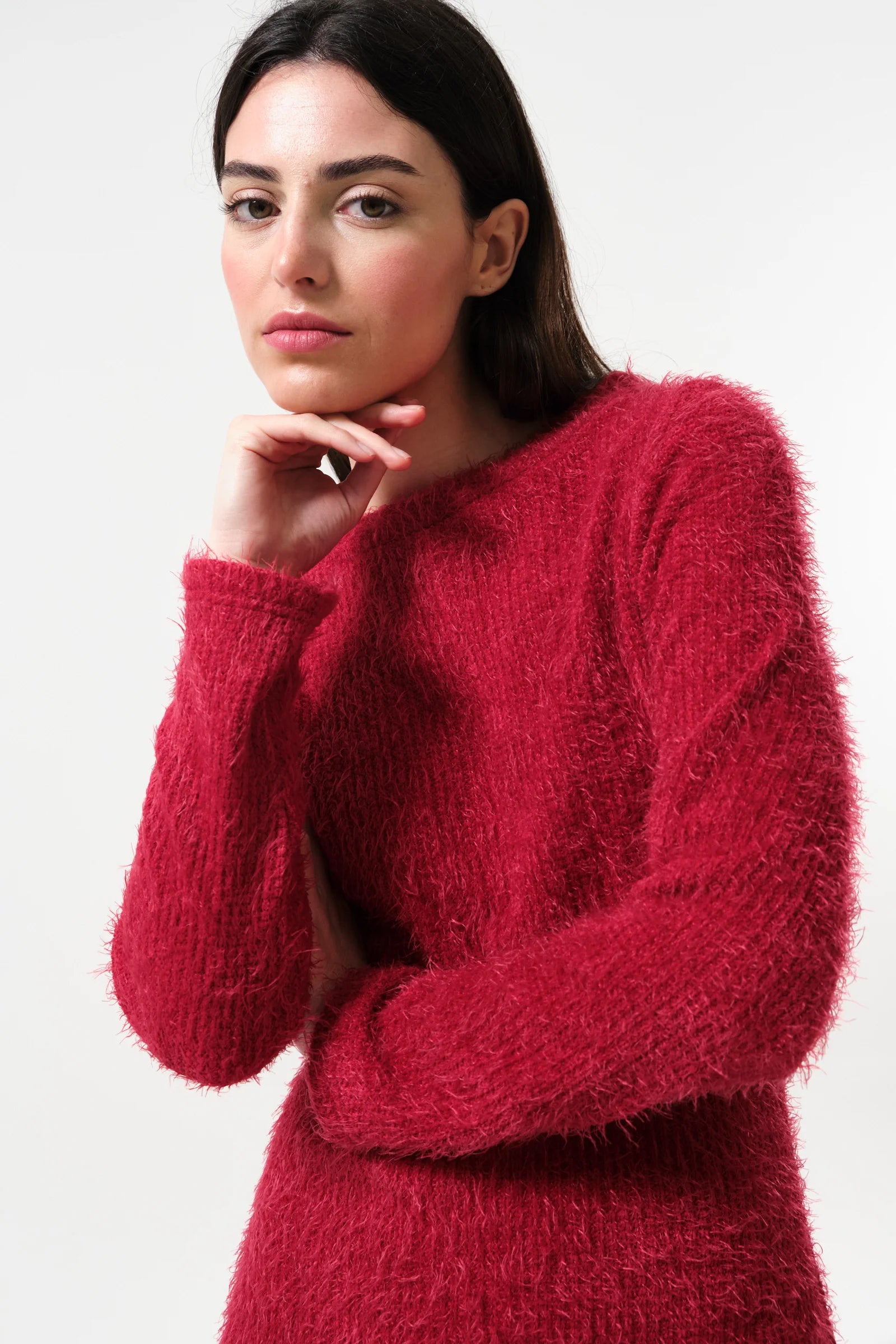 Guila Eyelash Rib Long Sleeve Midi Dress - Red - Detail 1