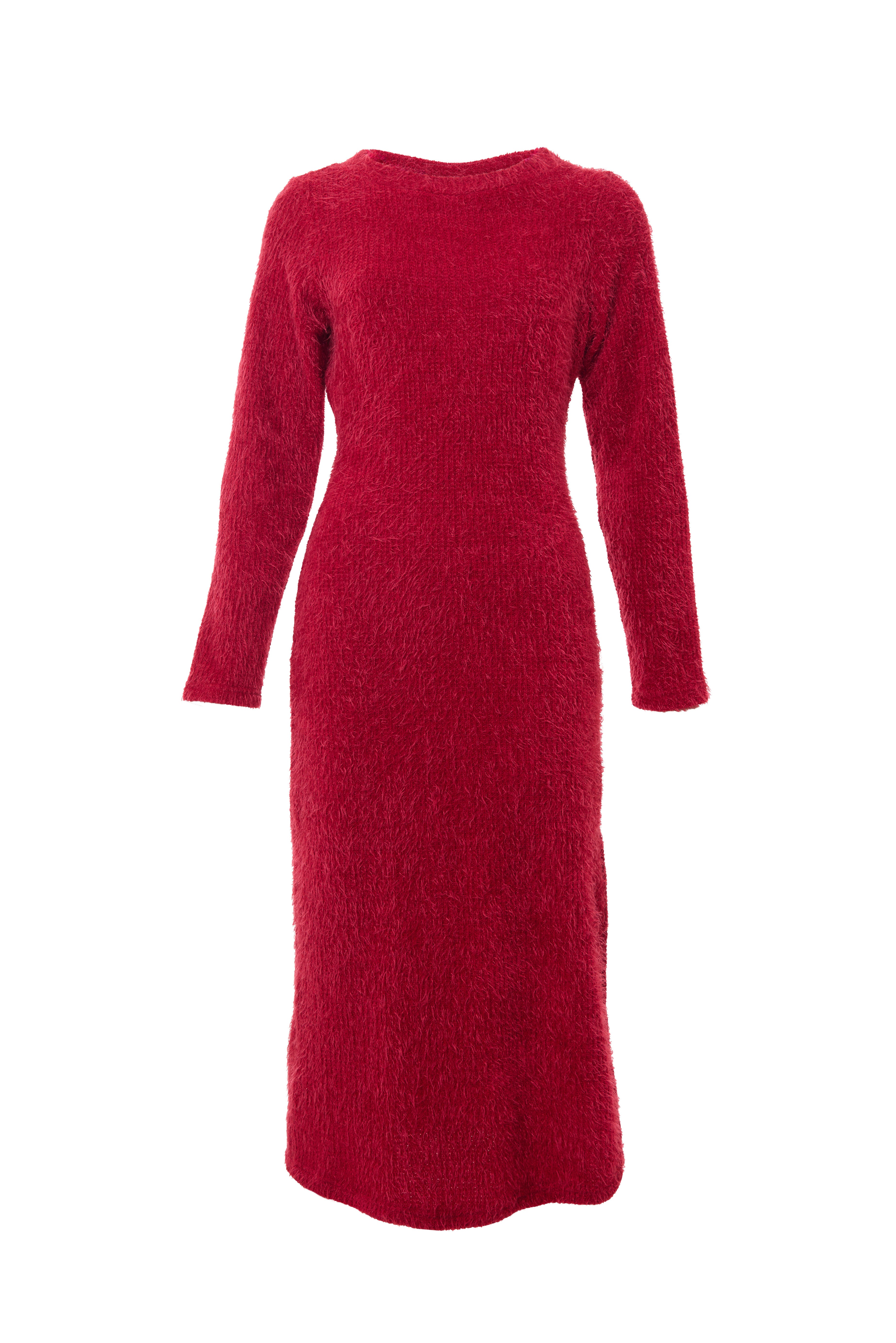 Guila Eyelash Rib Long Sleeve Midi Dress - Red - Styled