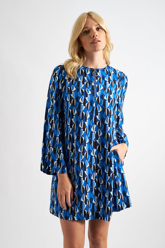Gwenola Mid-Century Retro Print Mini Dress - Blue