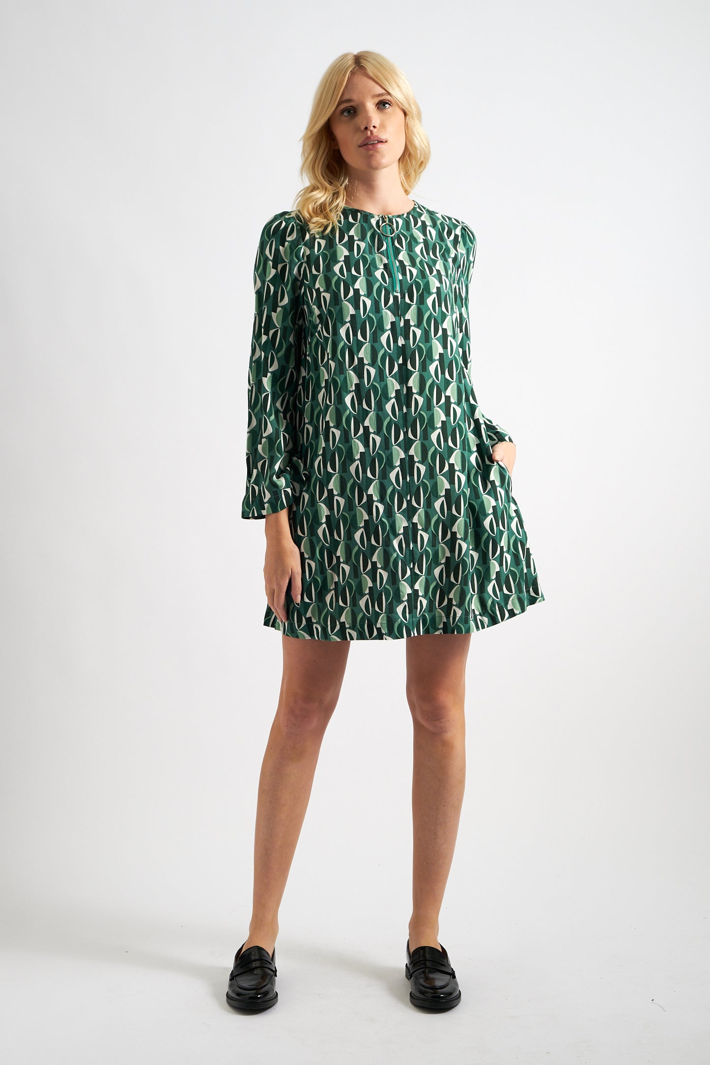 Gwenola Mid Century Retro Print Mini Dress - Green