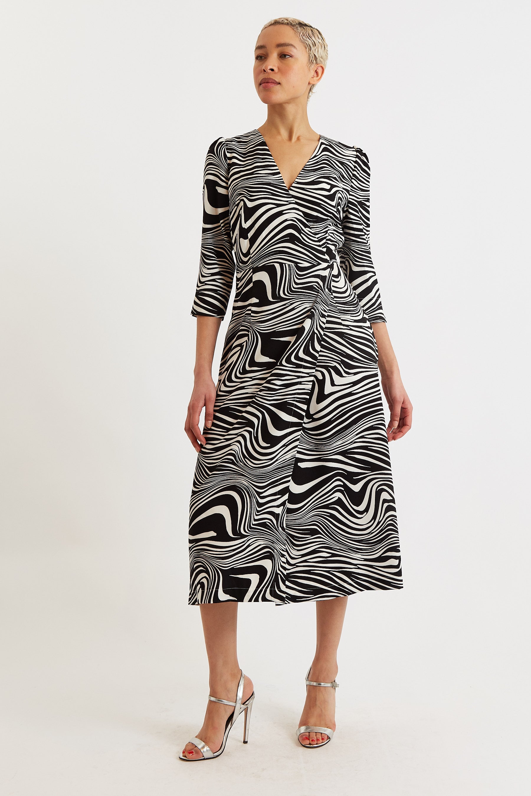 Haden Zebra Pop Print Wrap Midi Dress - Black and White - Detail 4