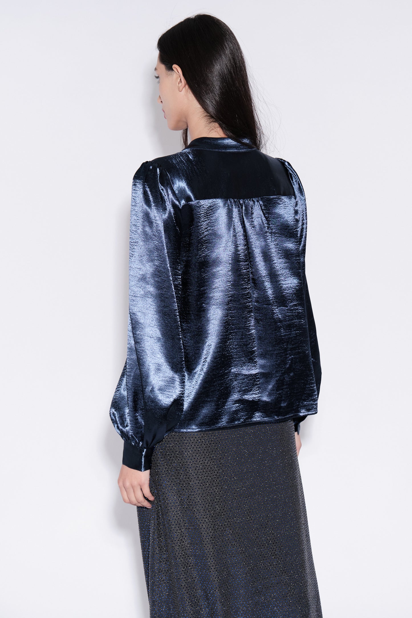 Helide V-Neck Hammered Satin Blouse in Navy