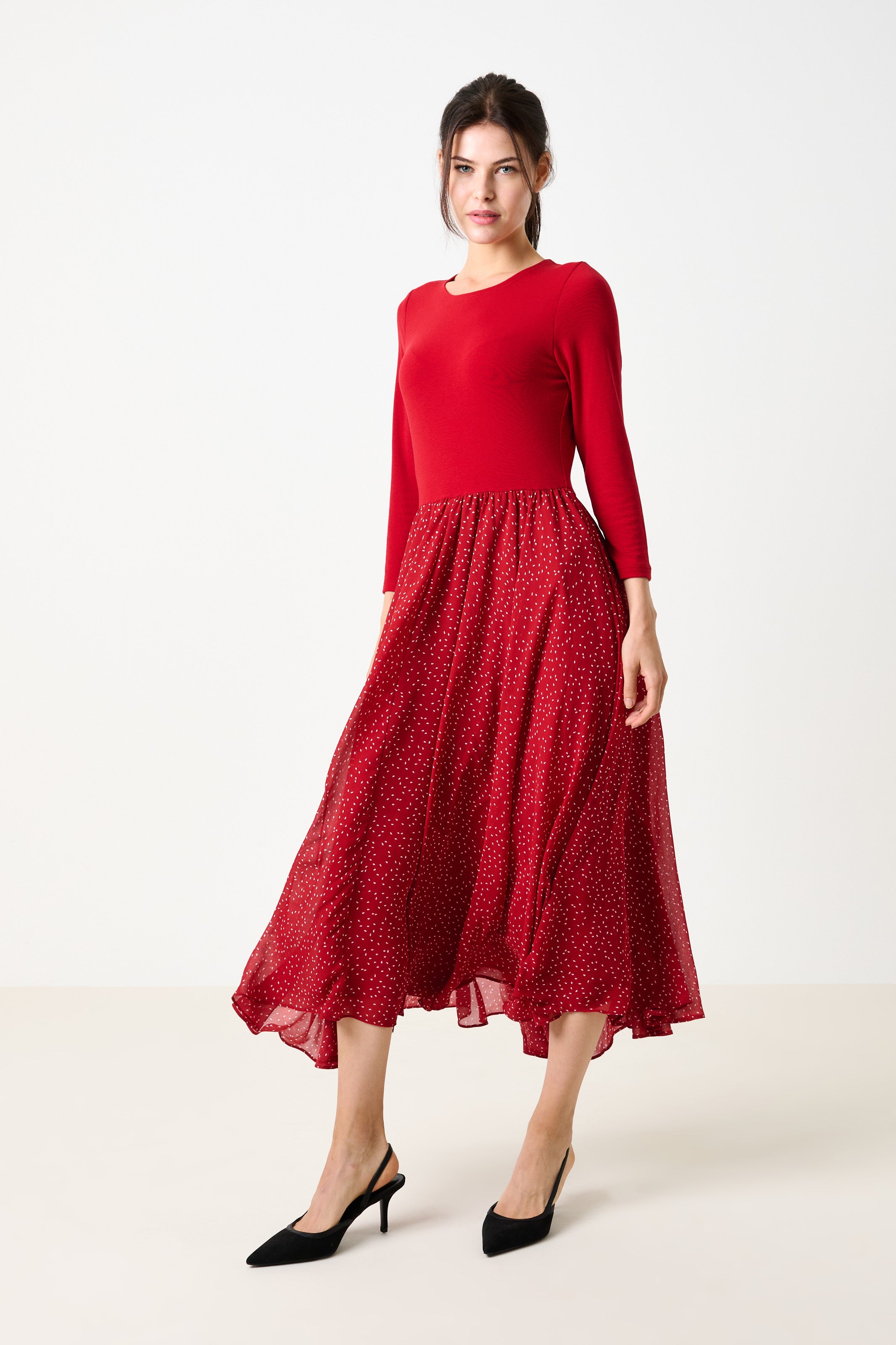 Huxley Raindrop Jersey Top Printed Circle Skirt Midaxi Dress - Red - Detail 2