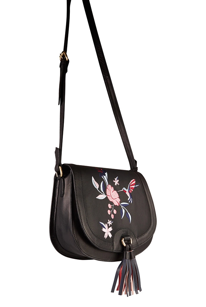 Hazel Hummingbird Embroidered Saddle Bag - Styled