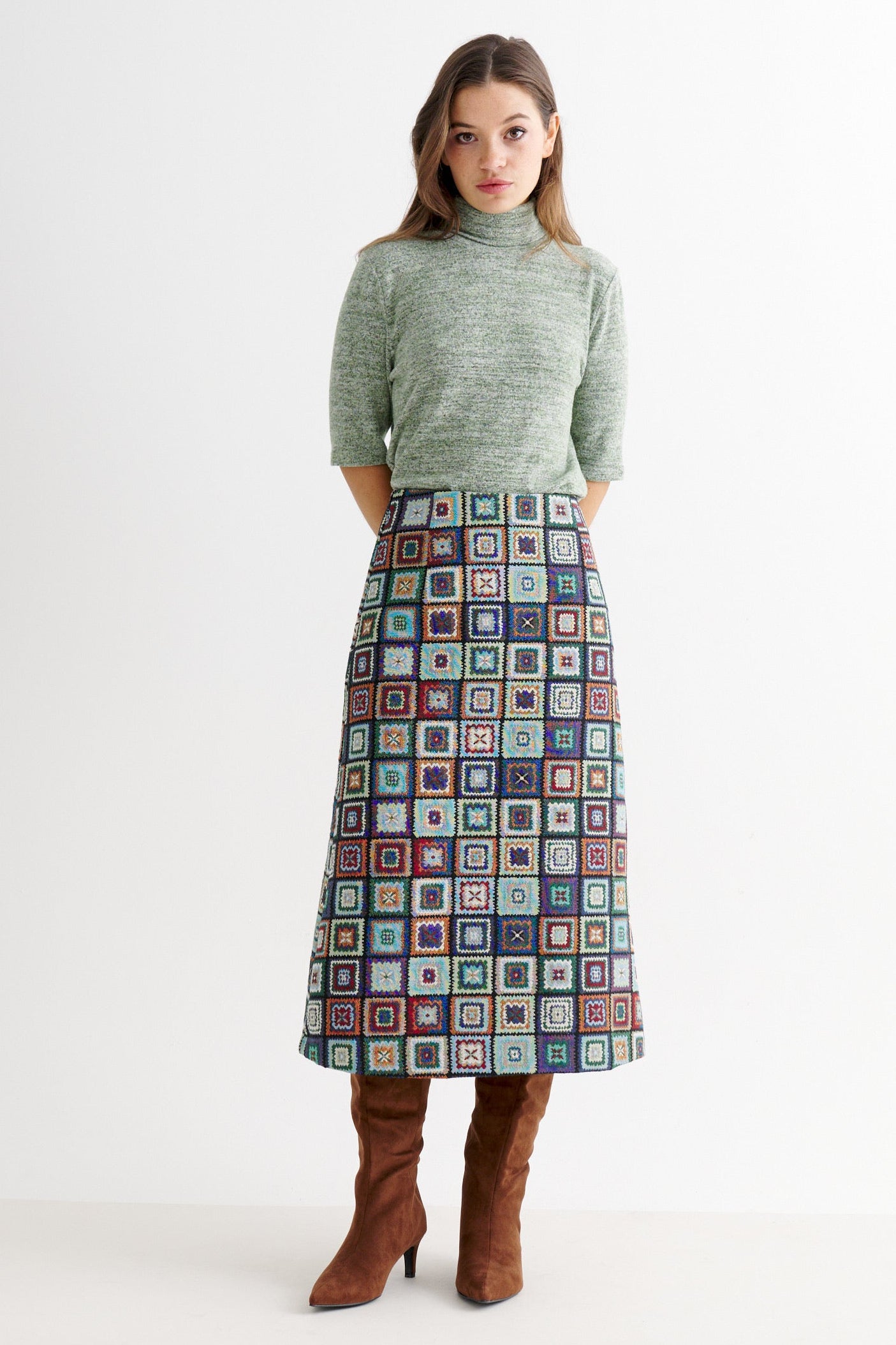 Buffy 70's Patch Jacquard Midi Skirt